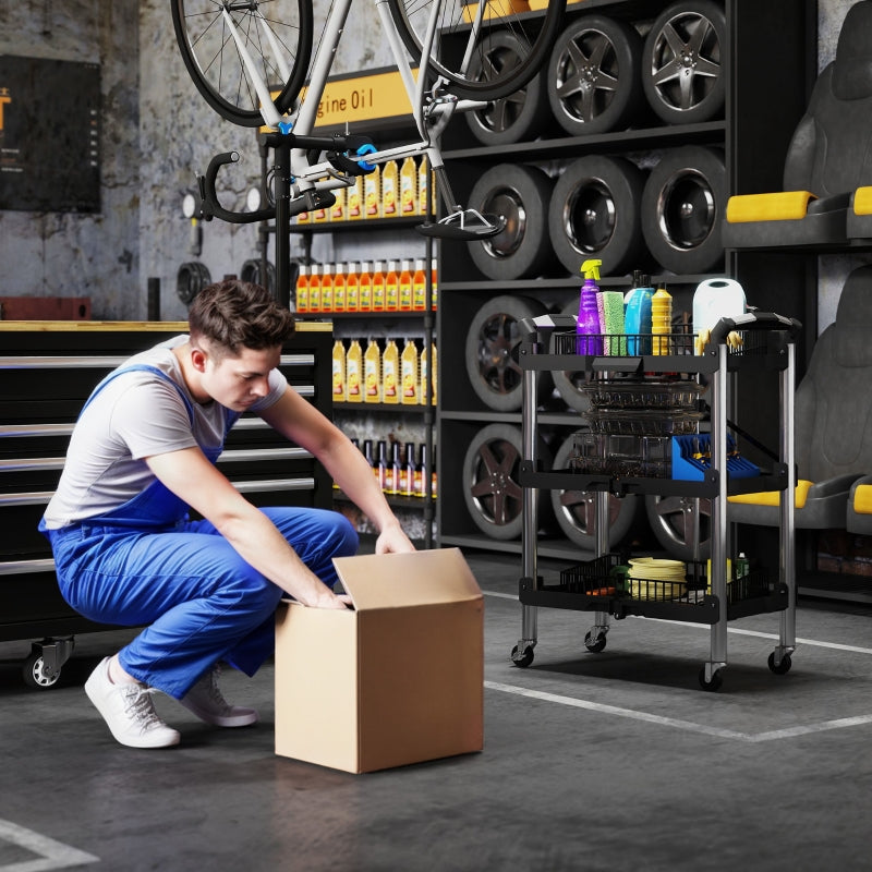 Workshop trolley 3 levels foldable tool with handle, 68 kg load capacity, black