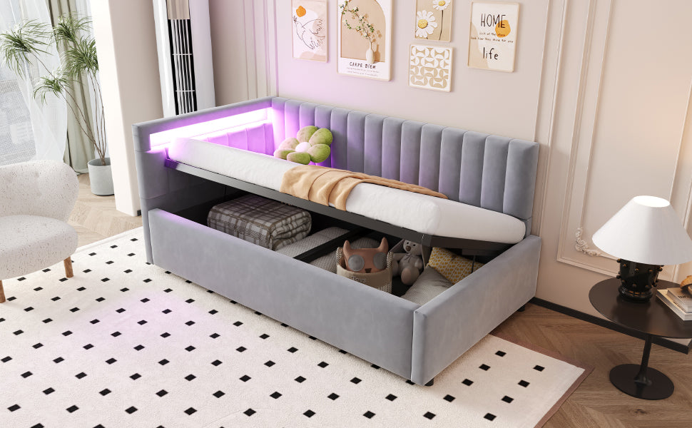 Upholstered Sofa Bed 90x200 with LED Lighting & Hydraulic Storage, Light Grey Velvet