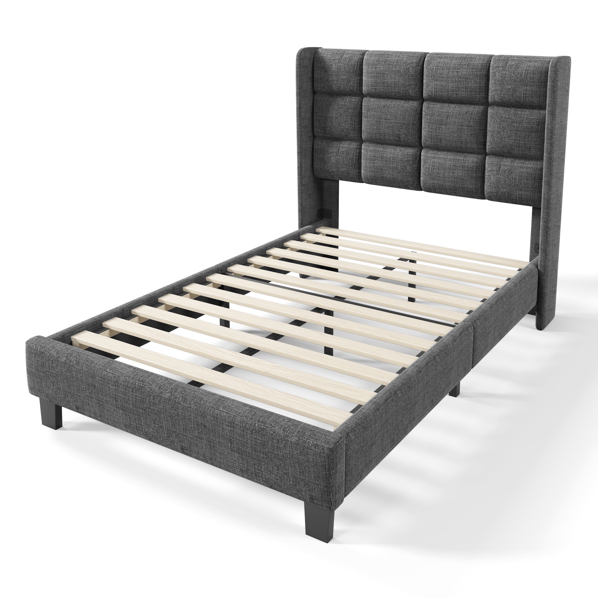 Modern Design Upholstered Bed, Single with Slatted Frame, 90x200cm, Grey Linen