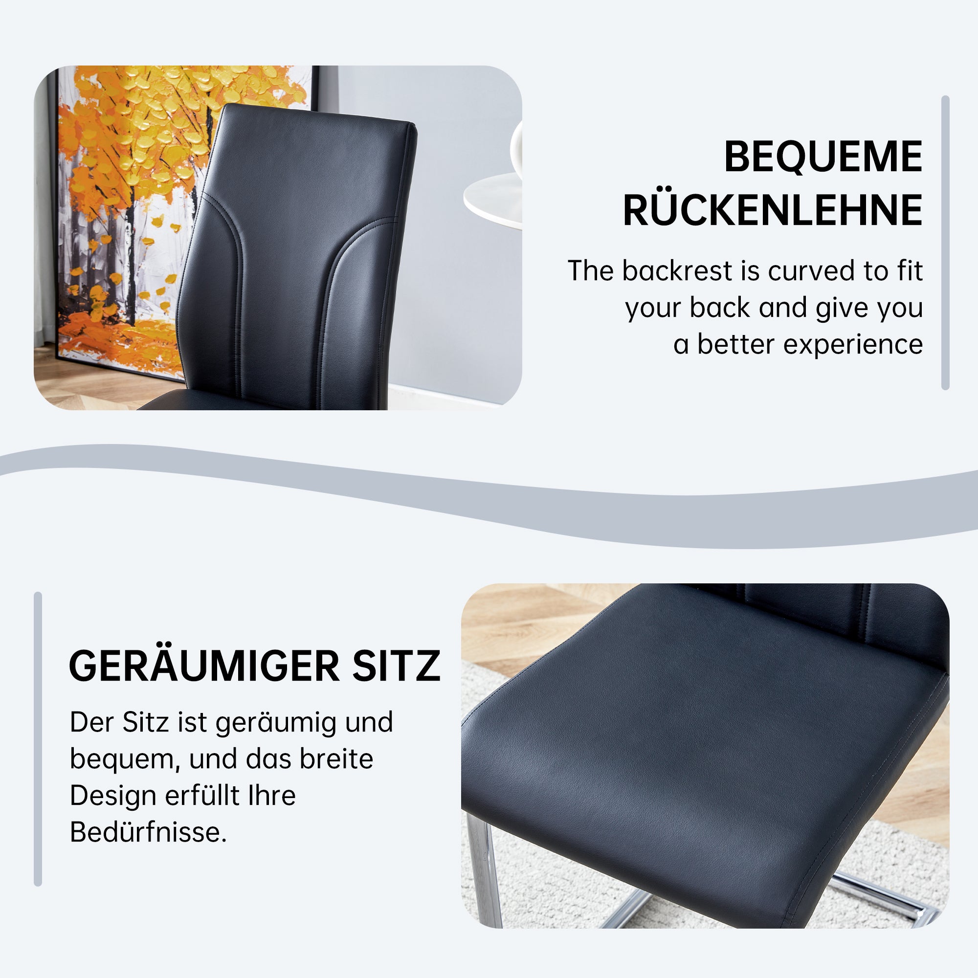 Dining Chairs, Set of 2, Silver Metal Legs, Black PU