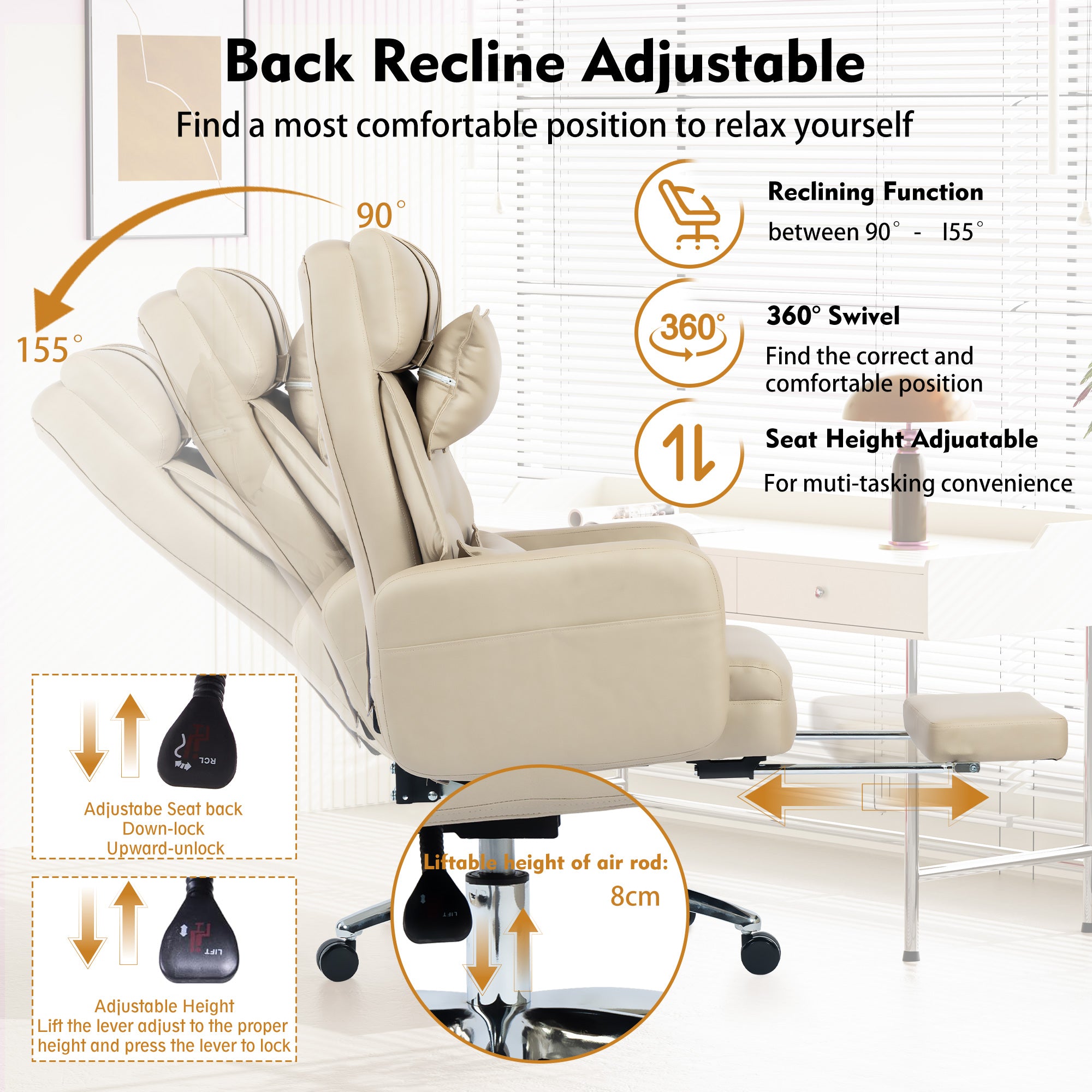 Swivel Office Chair Ergonomic High Back Lumbar Support Headrest 155° Reclining Technology Leather Beige