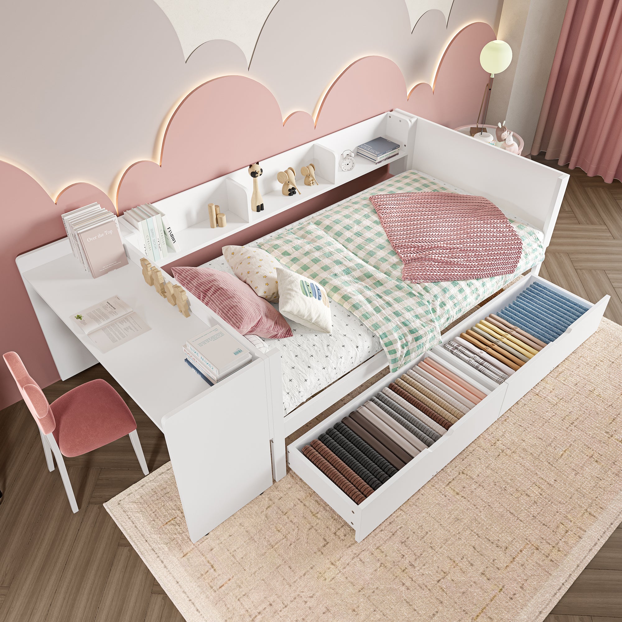 Single Bed 90x200cm Desk 2 Drawers Shelves - White Wood