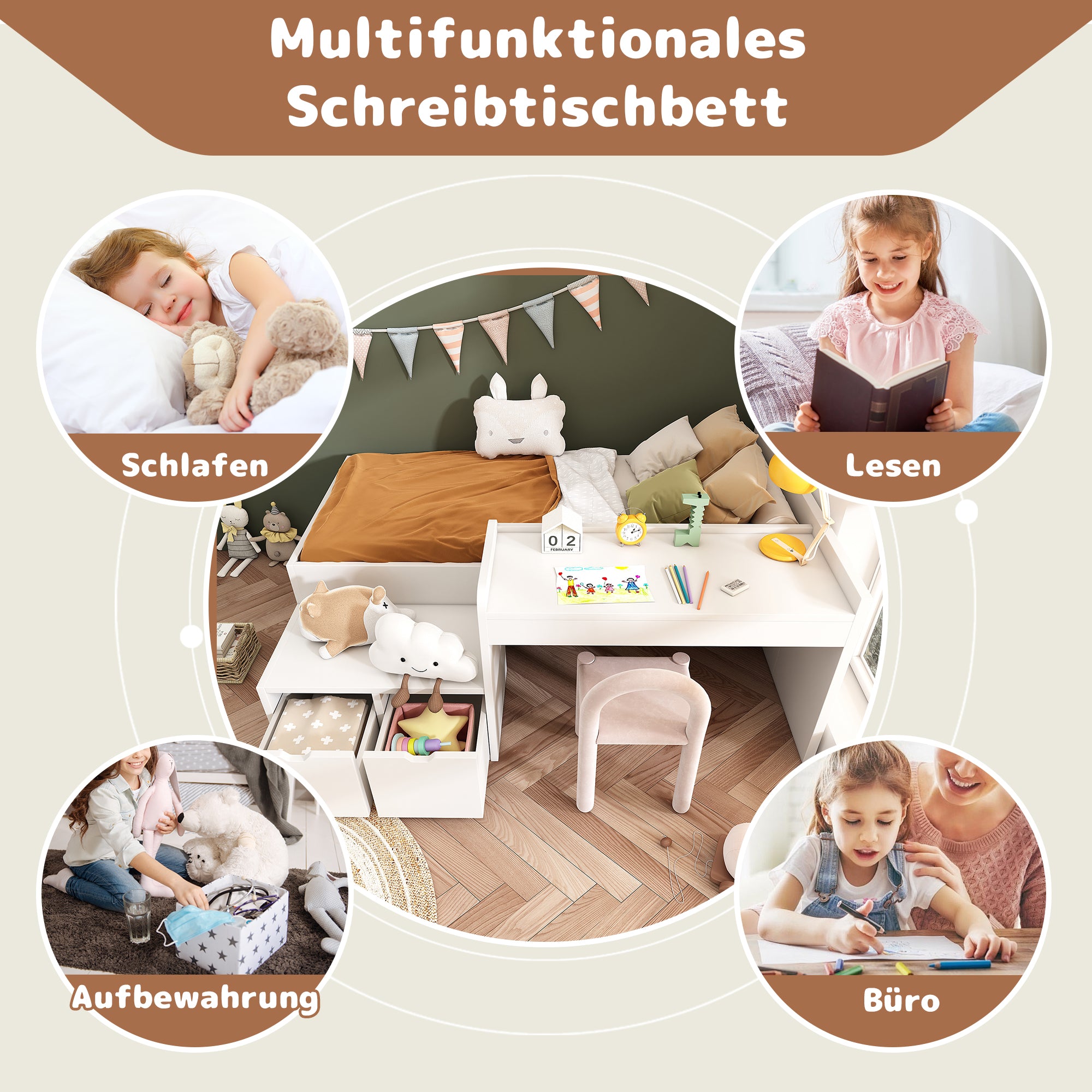 Children's Bed, Solid Wood Single with Desk & Drawers, White