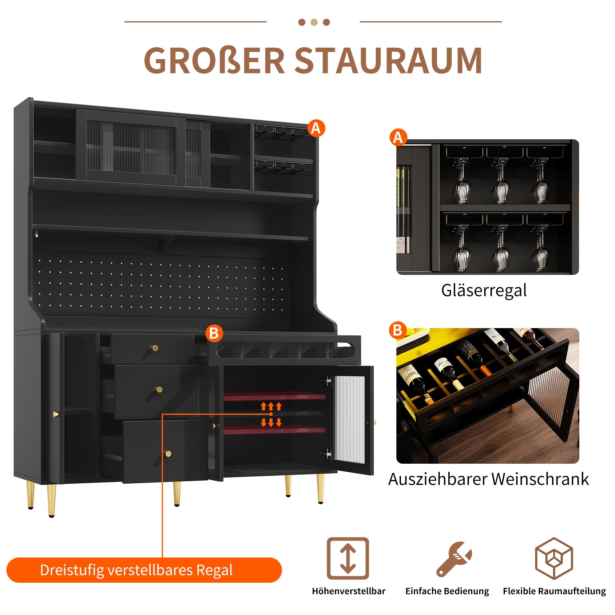 Tall Cabinet Adjustable Shelves LED Lighting Wine Rack Black