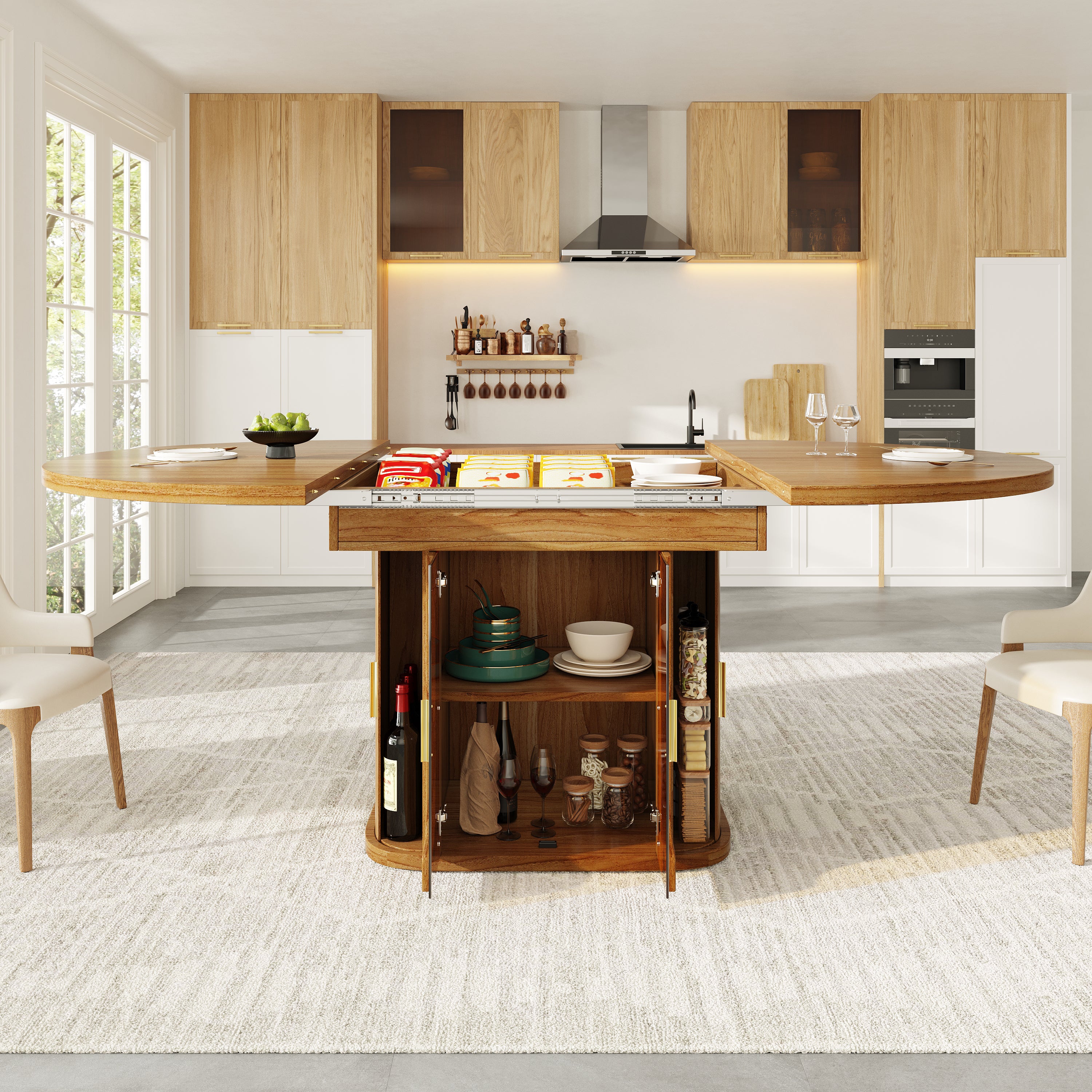 Extendable Round Dining Table, Oval 118-158 cm Seats up to 6 with Glass Doors, Walnut