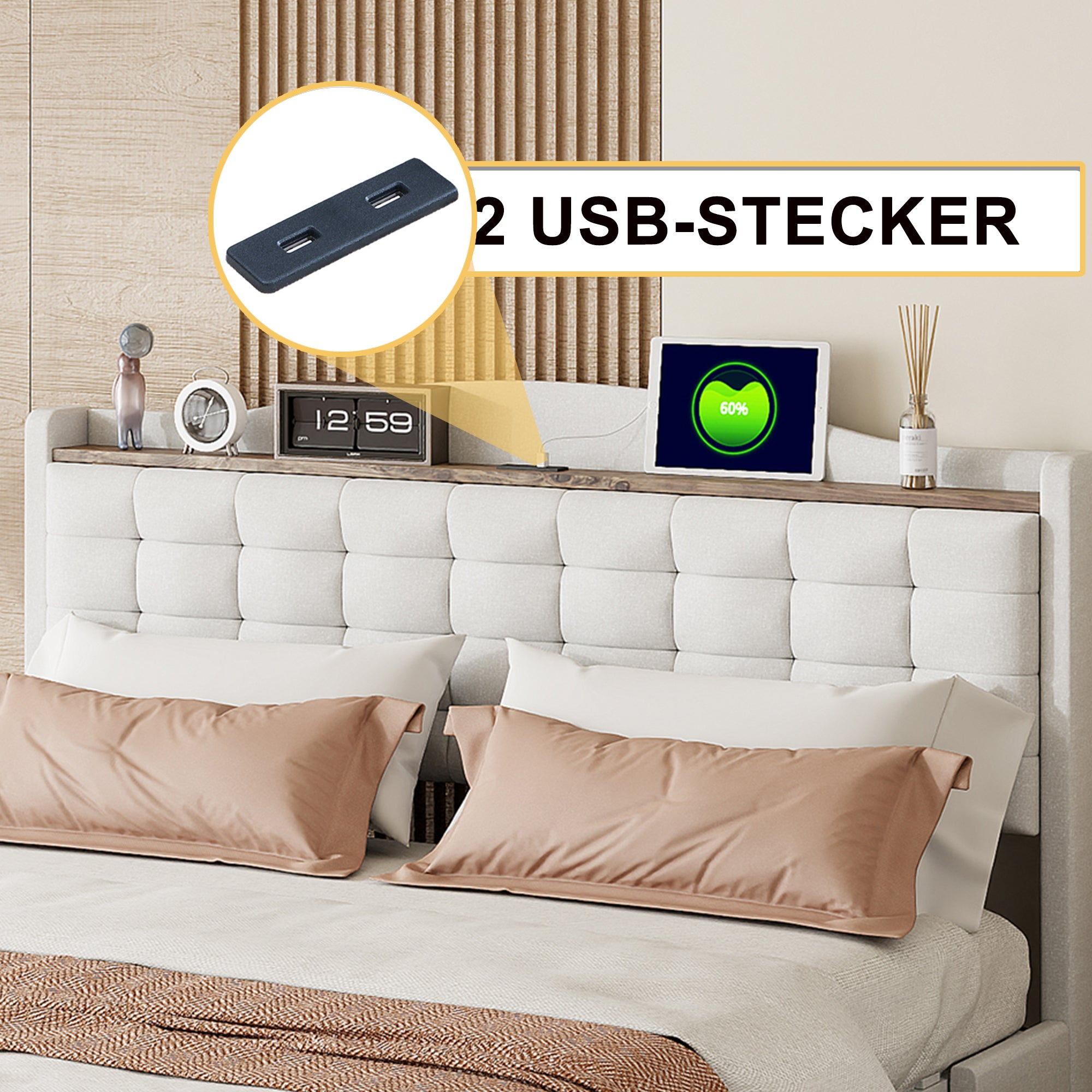 Upholstered Bed 140x200cm, USB Charging & Storage, 4-Drawer, Linen Fabric Beige