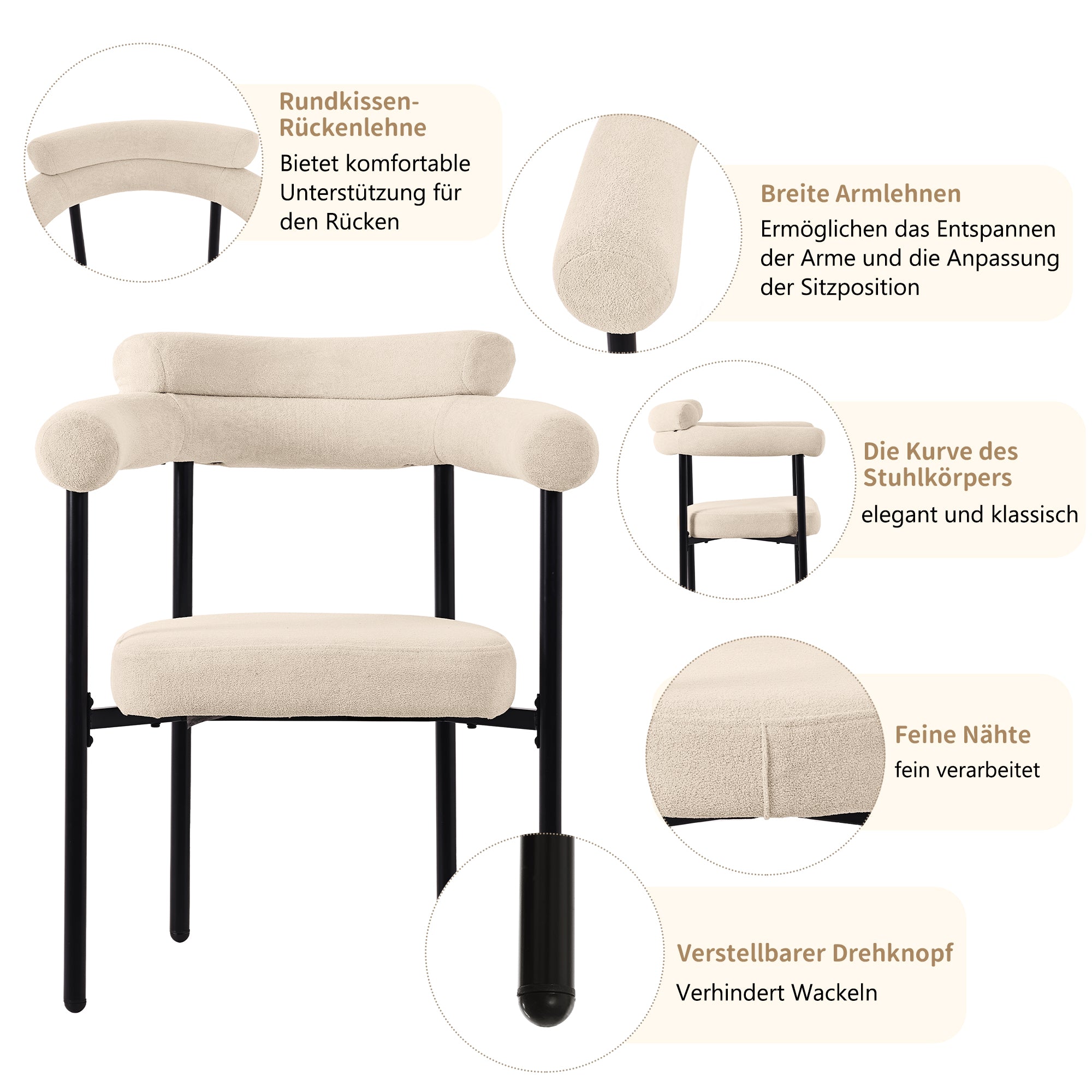 Dining Chairs 2-Pack Modern Simple Ring Seats, Cream Suede Fabric