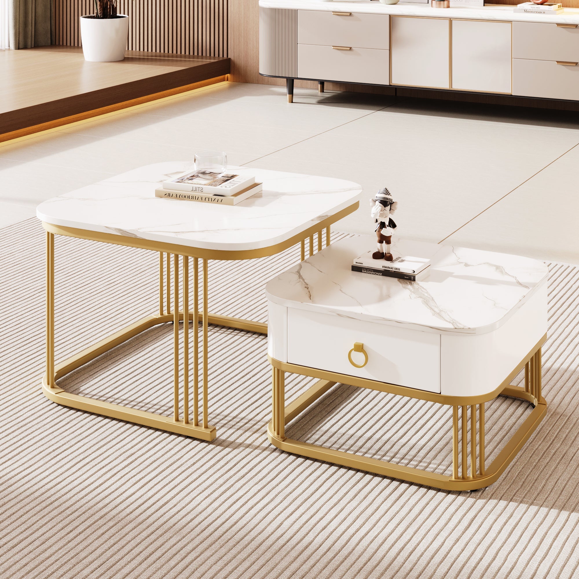Nestable Coffee Table: High Gloss Marble Exterior, Gold Accents, Side Table with Drawer. Set of Two
