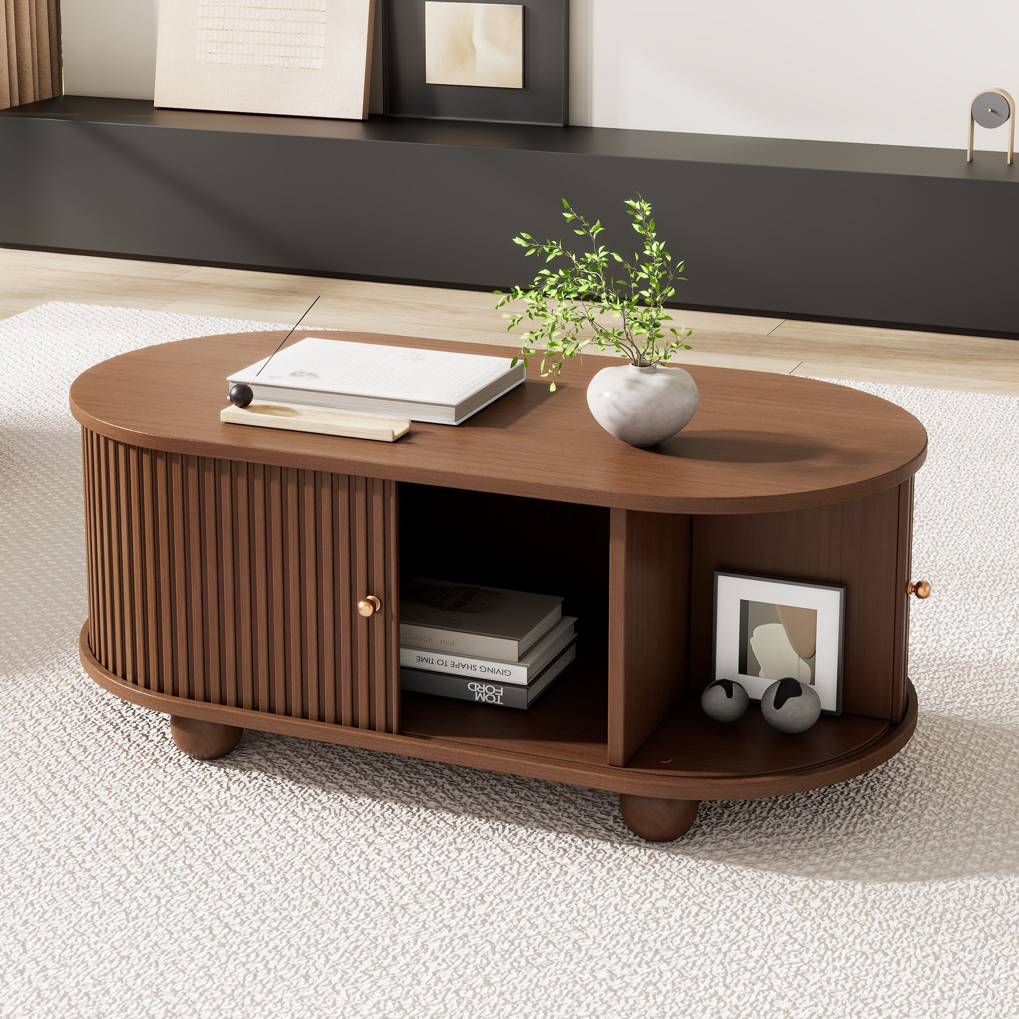 Oval Coffee Table with Sliding Doors and Storage, Oak MDF