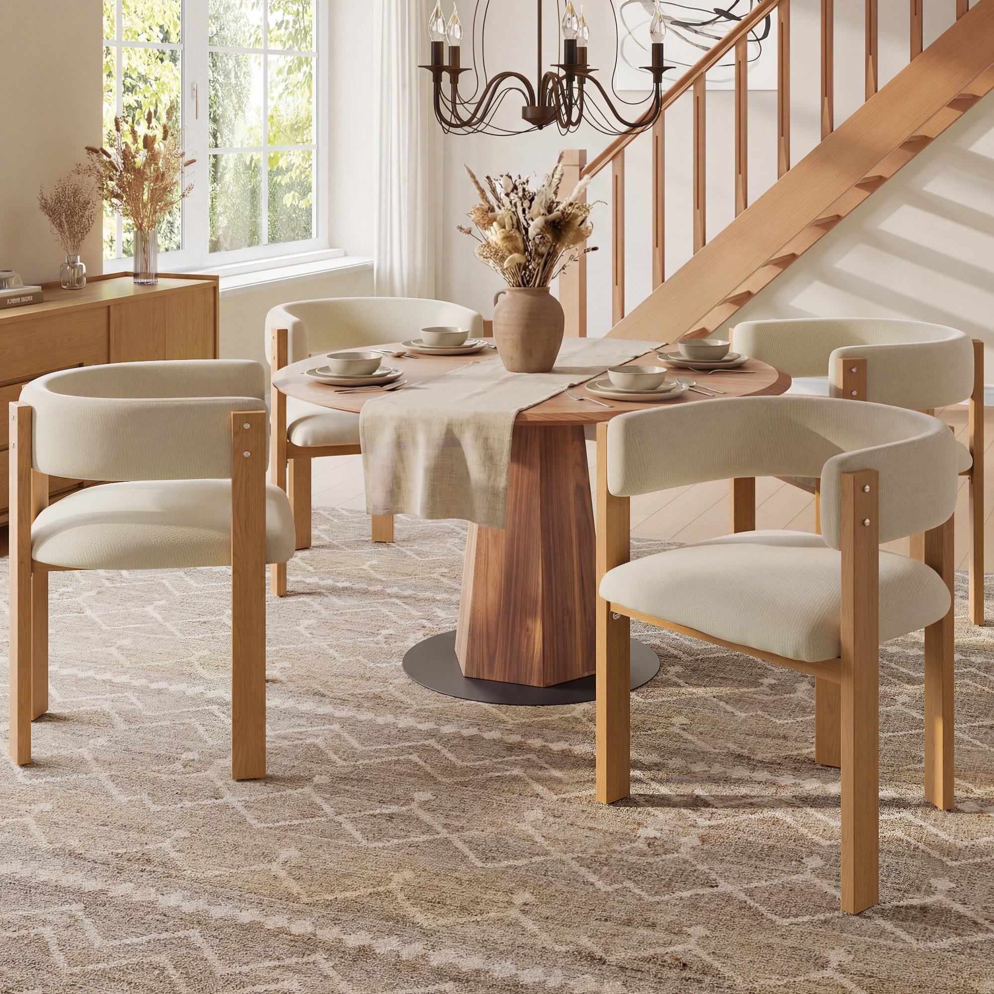 Ergonomic Dining Chair Set of 4 with Thick Padding and Iron Legs, Wood Look