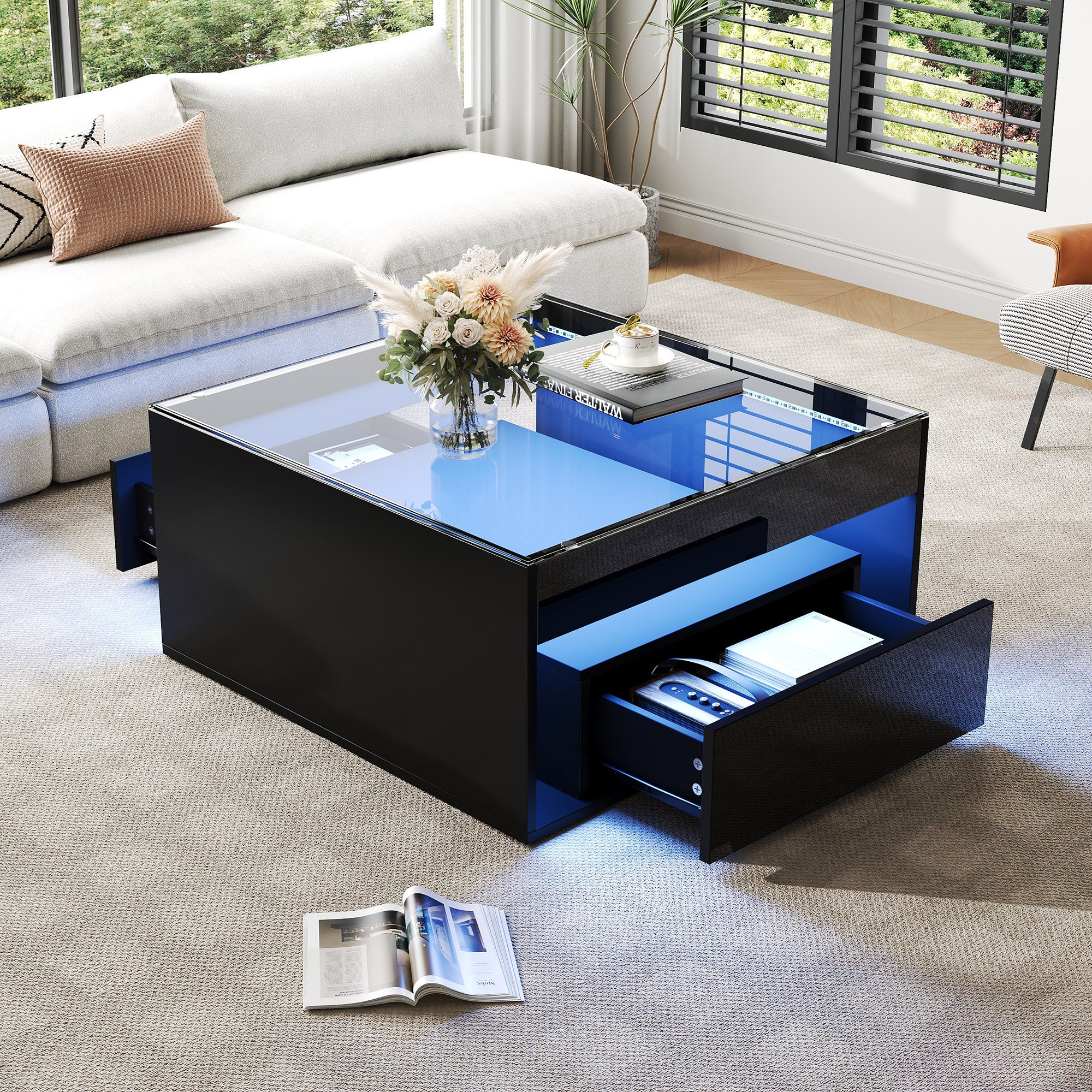 Coffee Table with 2 Drawers and LED Tempered Glass Top, High Gloss Black