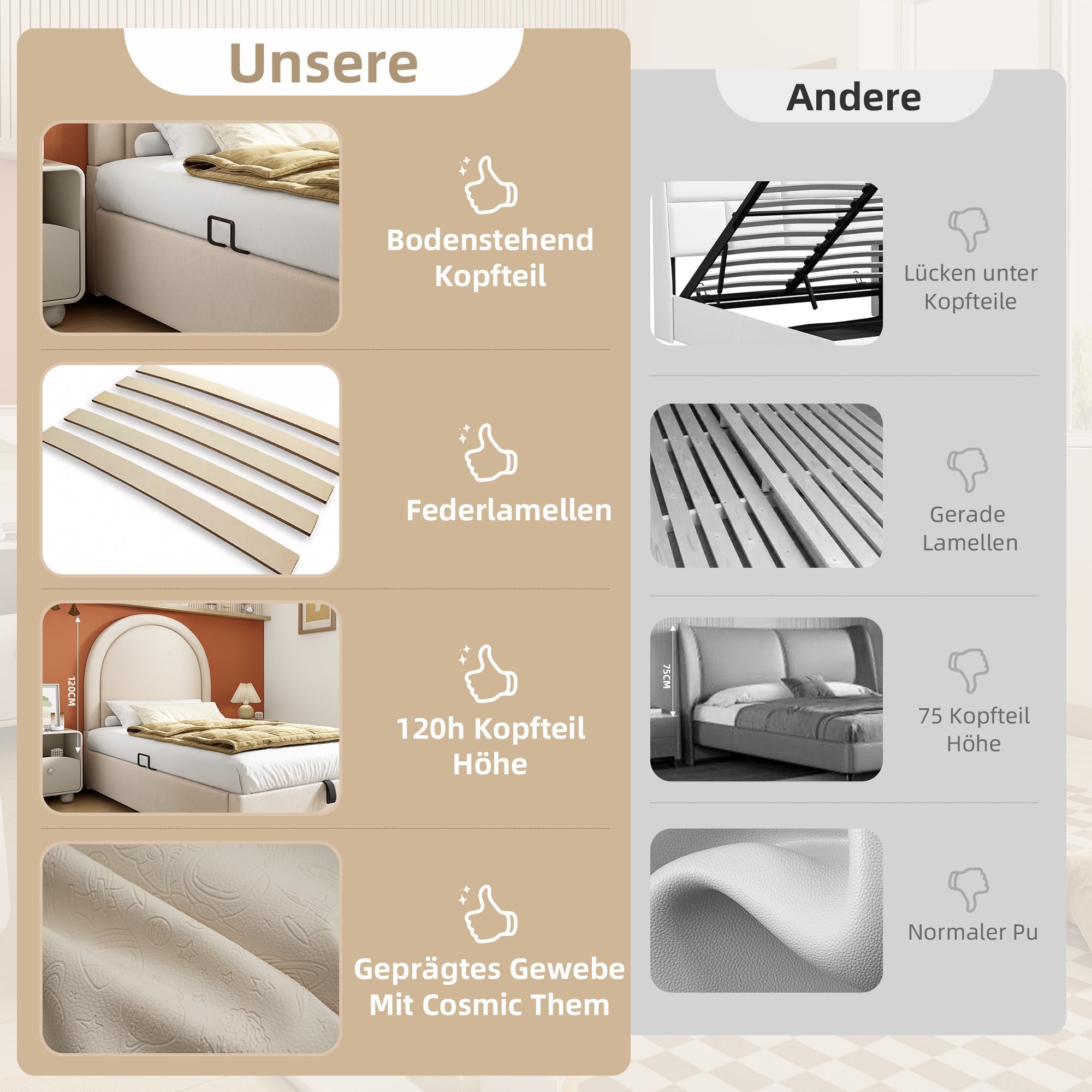 Upholstered children's bed, single bed with cosmic pattern, 90 x 190 cm, beige PU