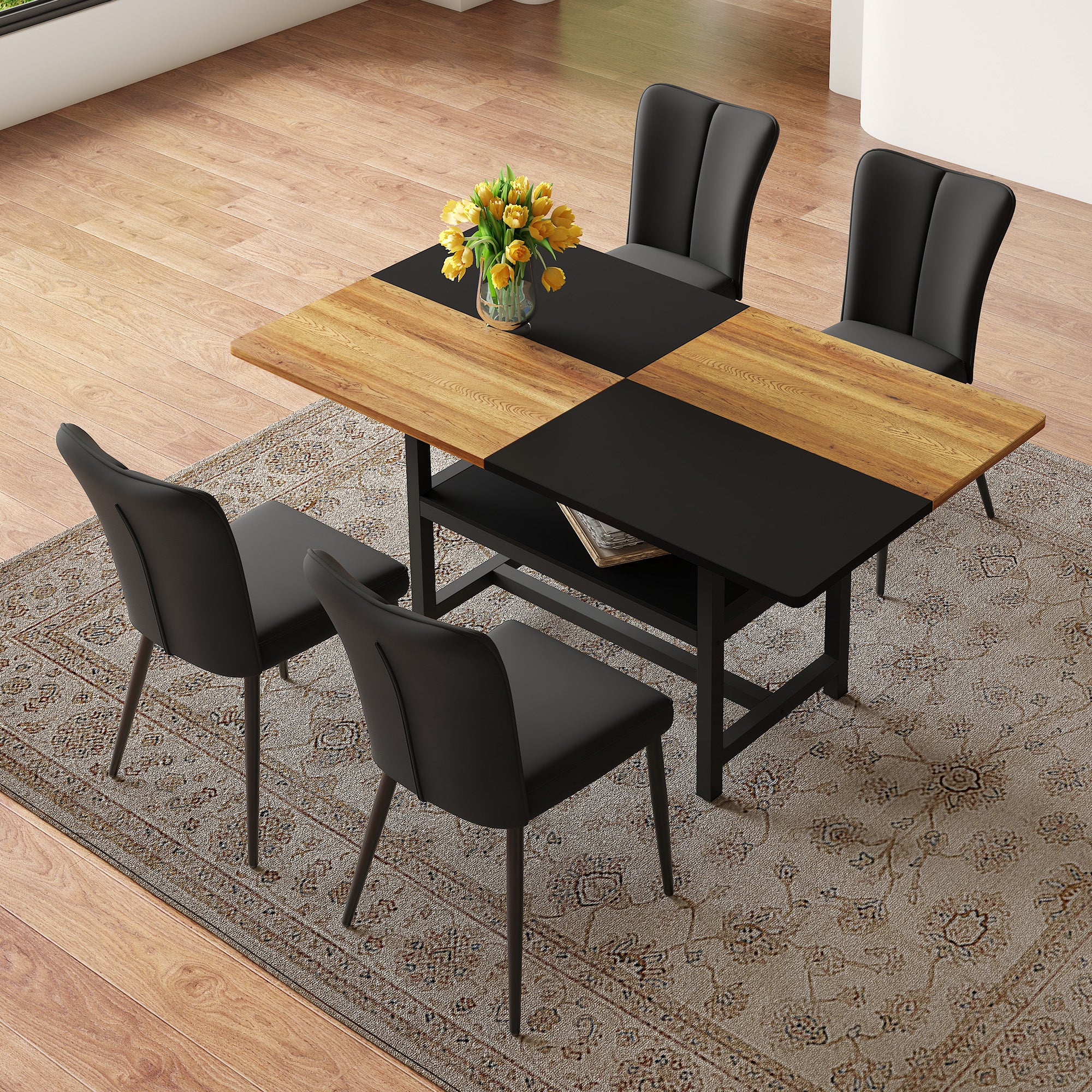 Dining Table Set, 160cm Rectangular with 4 Chairs & Storage, Black PU/Metal