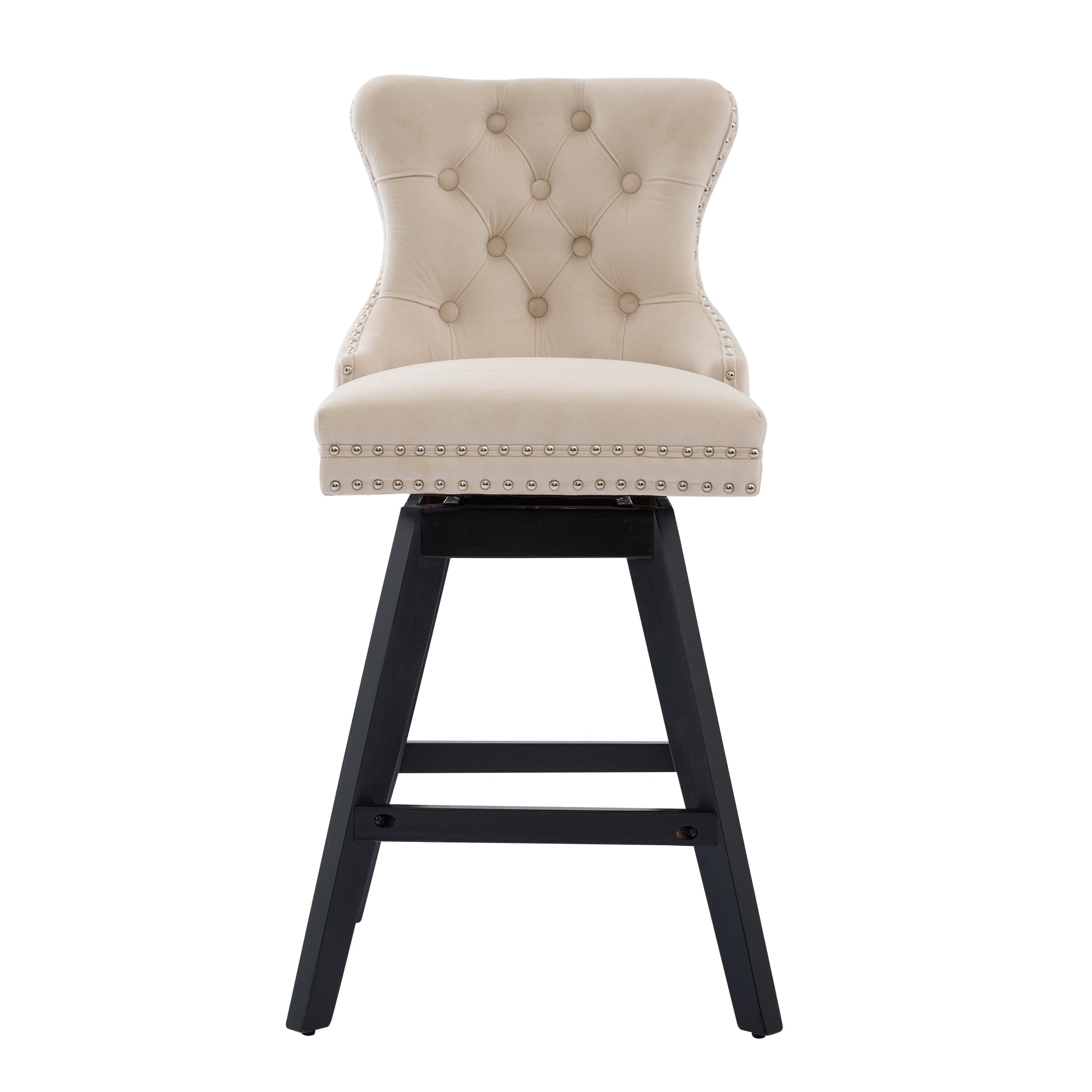 Swivel Barstools, Button Tufted with Wooden Legs & Chrome Nailhead Trim, Set of 2, Beige Velvet