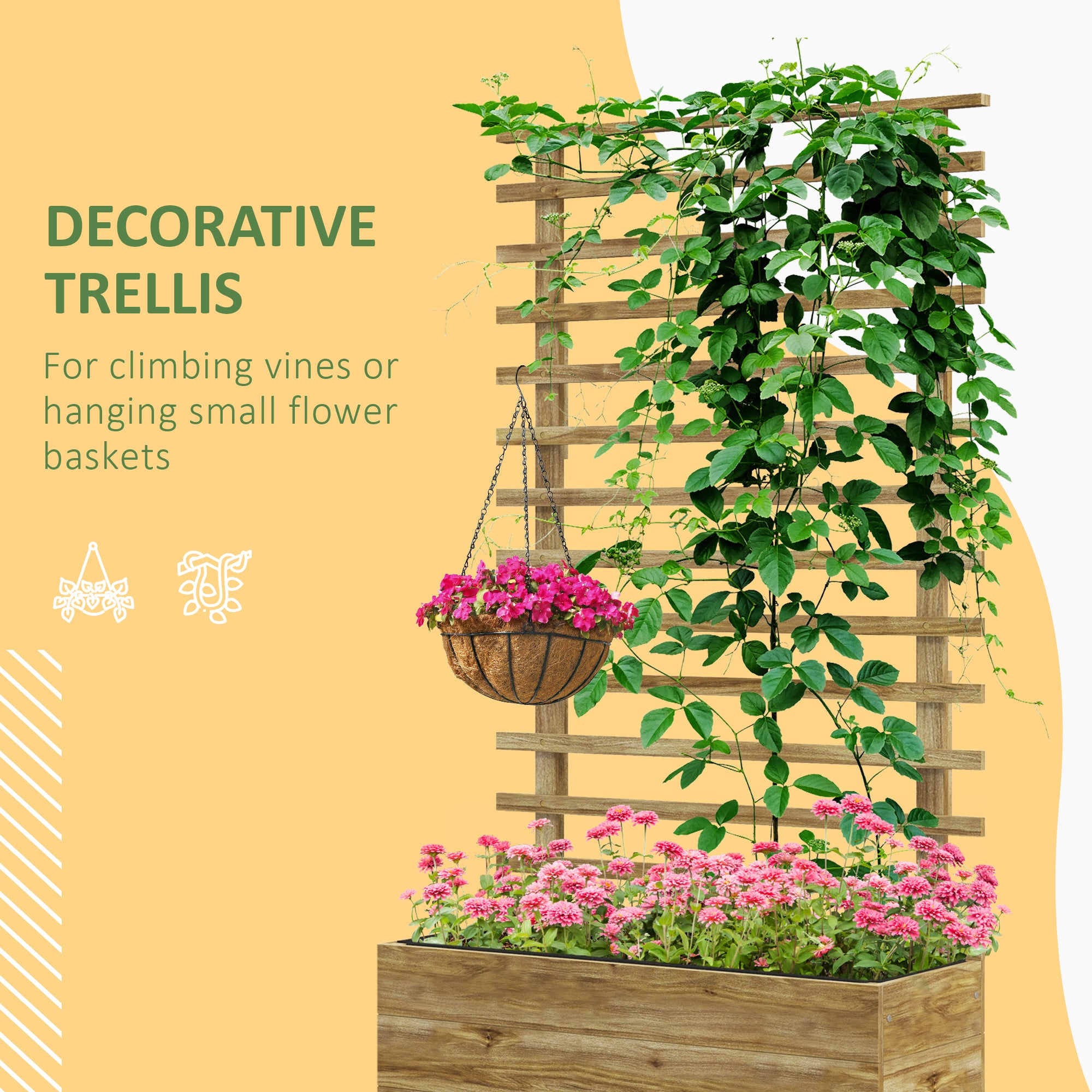 Wooden Raised Planter with Back Trellis, Natural Finish
