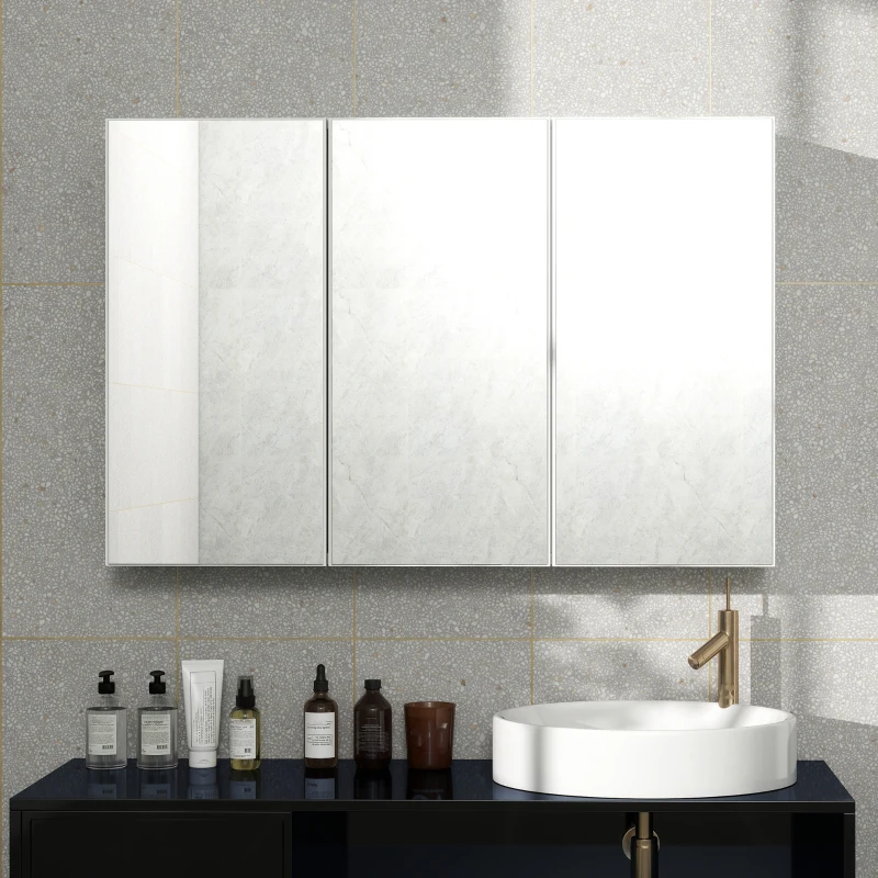 Bathroom Mirror Cabinet, 3 Mirrored Doors, Wall Mounted, White Chipboard
