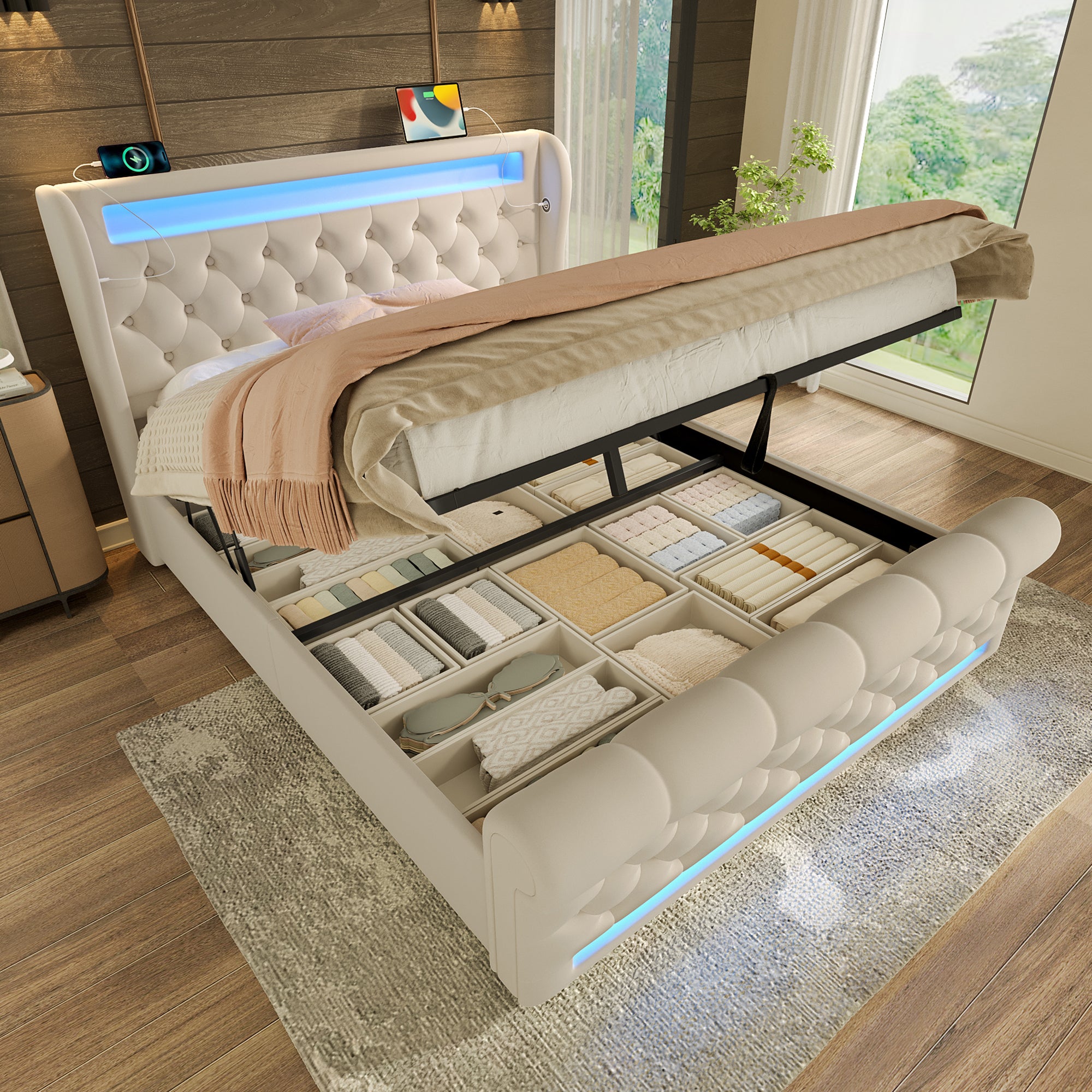 Upholstered Double Bed 140x200cm, LED Lights, Storage Headboard with USB & Type-C, Hydraulic Storage, Beige Velvet