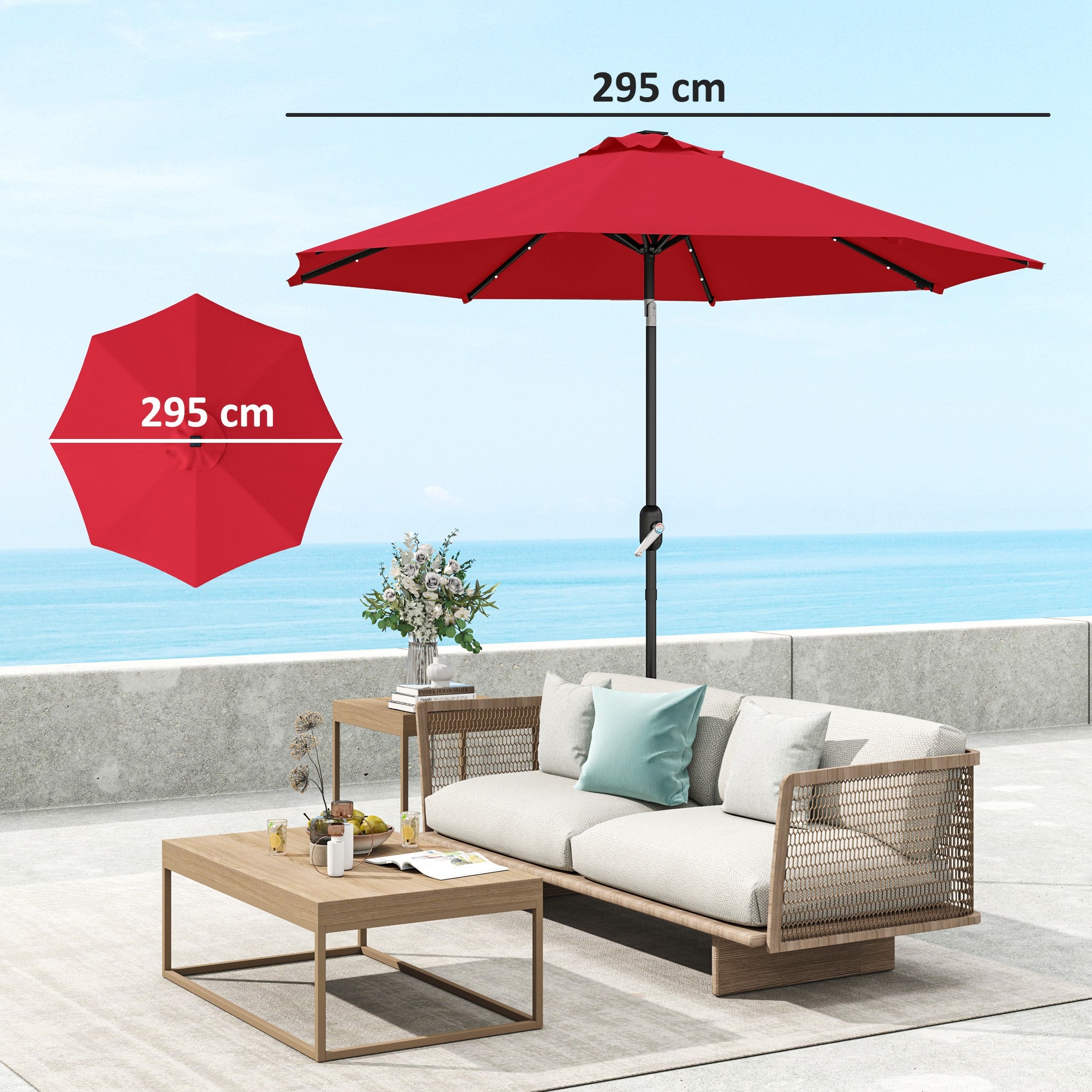 3m Replacement Parasol Canopy, UPF 50+, Top Vent, 8 Ribs, Red Polyester