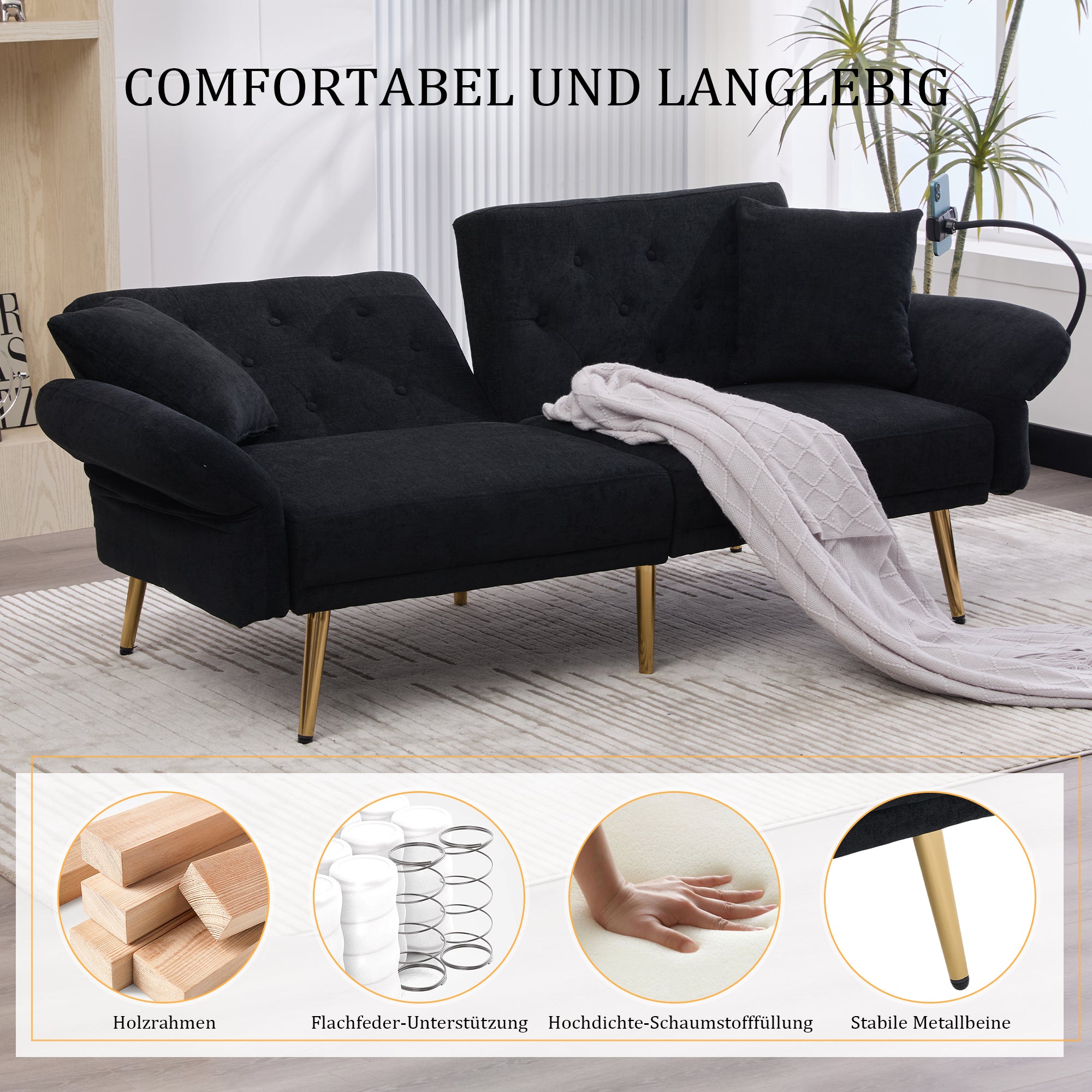 Sofa Bed, Multifunctional with USB & Holder, Metal Legs