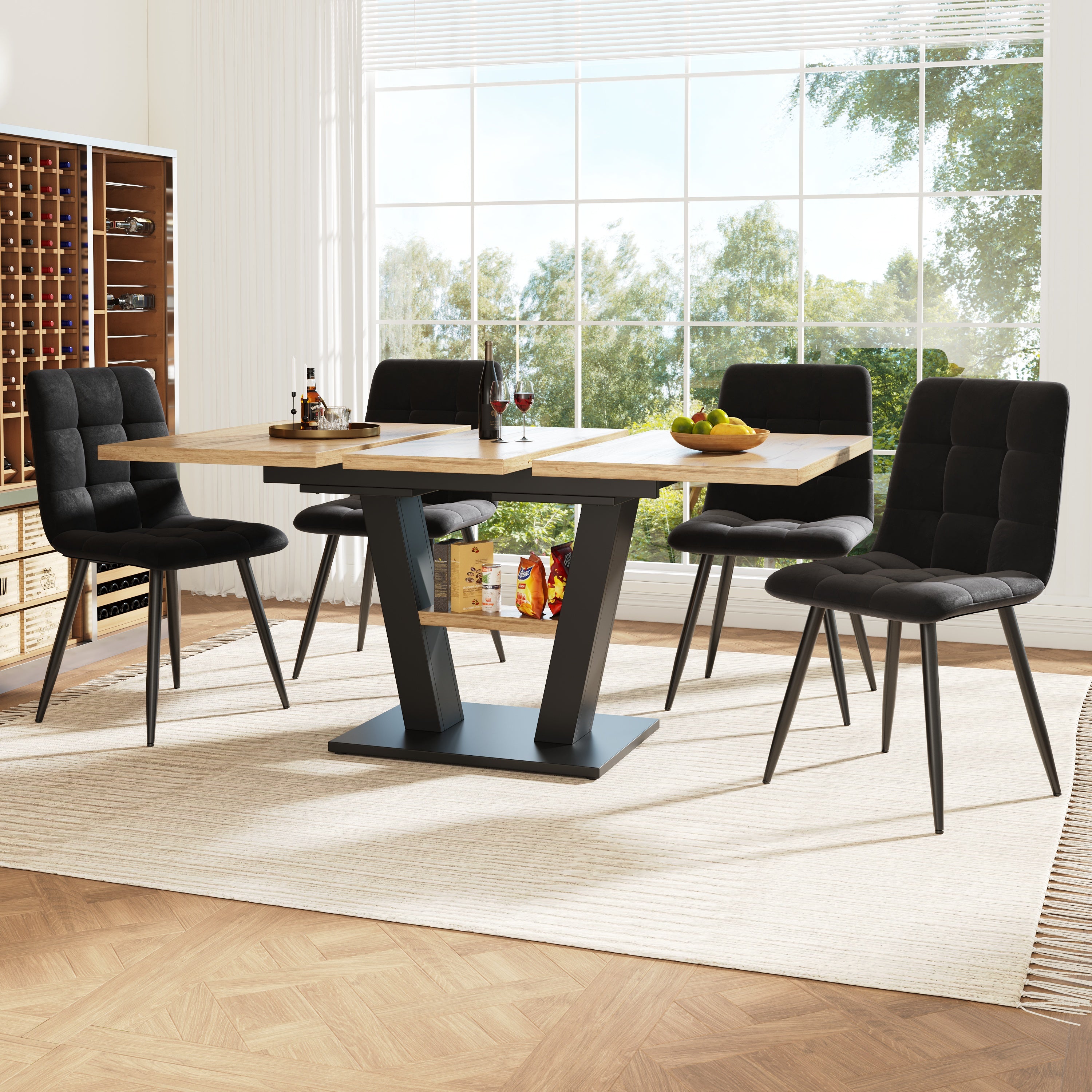 Dining Table Set, 5-Piece Extendable 118–157x70cm V-Legs, Velvet