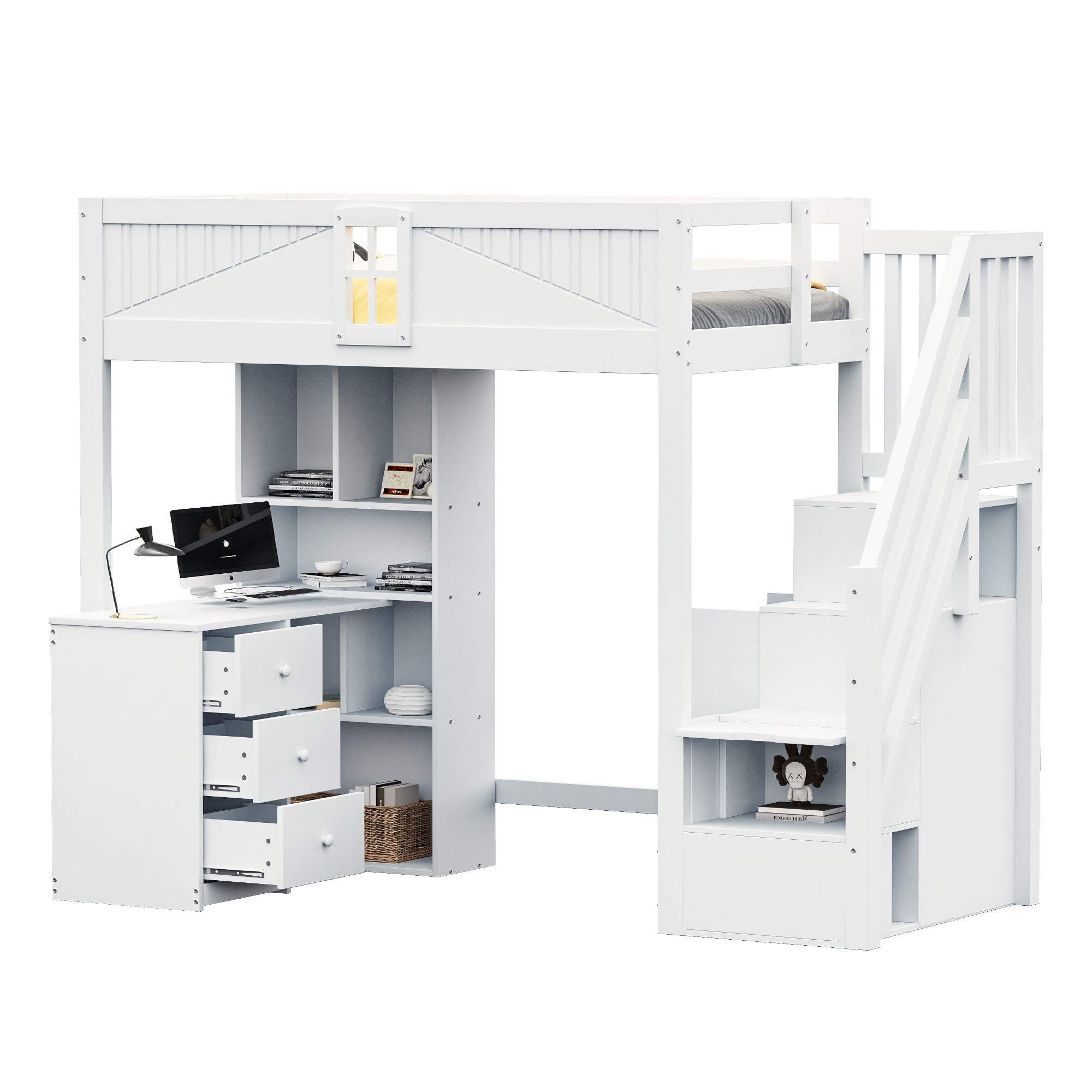 Loft Bed, 90x200cm with Storage, Desk, Drawers, White Solid Wood
