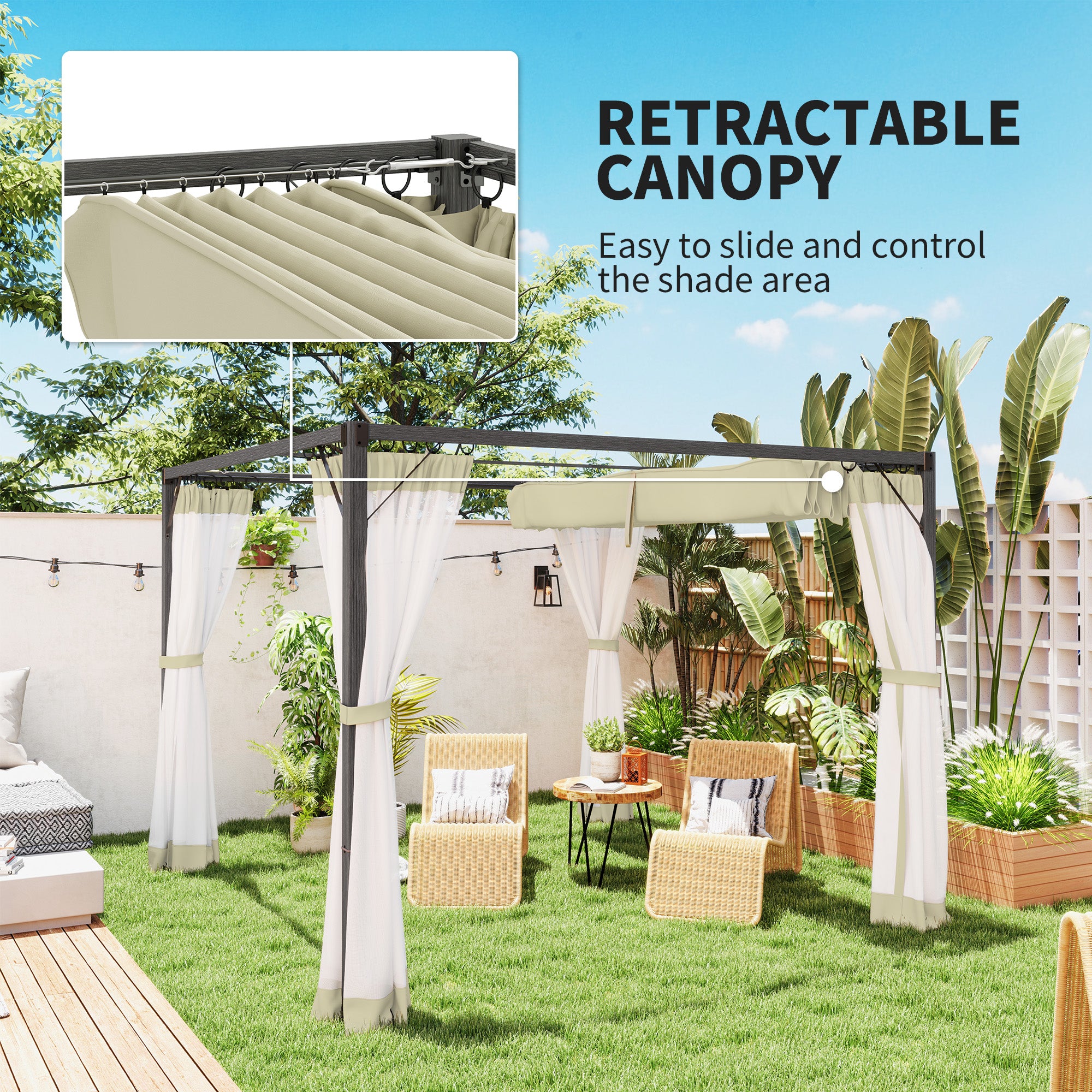 Aluminium Frame Pergola 3x3m Retractable Roof Khaki