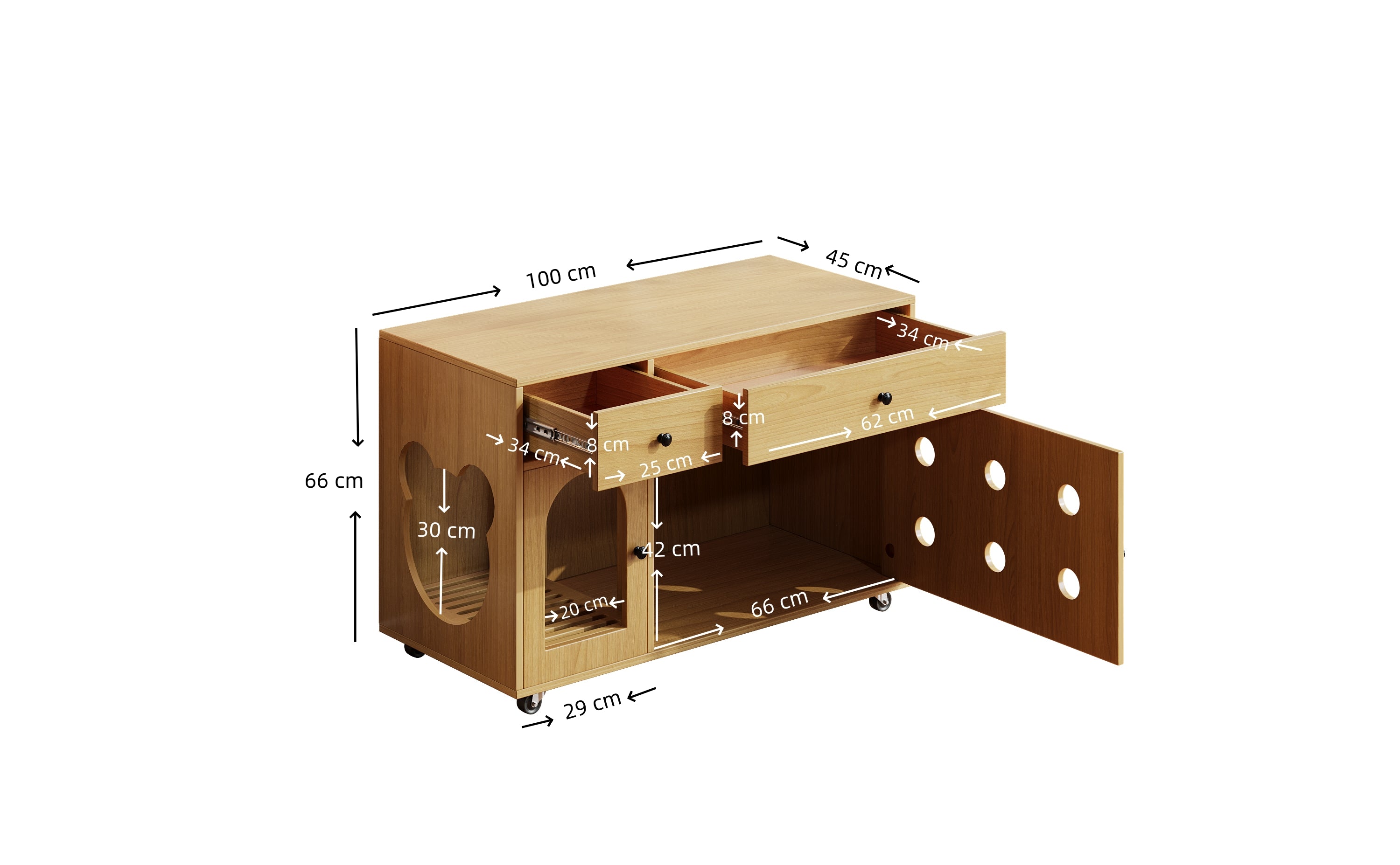 Cat Litter Box Cabinet, Removable Sand Drain, Odor-Insulated, 100x45x66 cm, Natural Wood/Yellow Maple Color