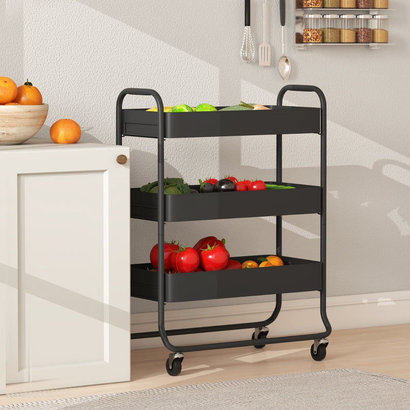 3-Tier Storage Trolley Rolling Utility Cart with Mesh Baskets Black
