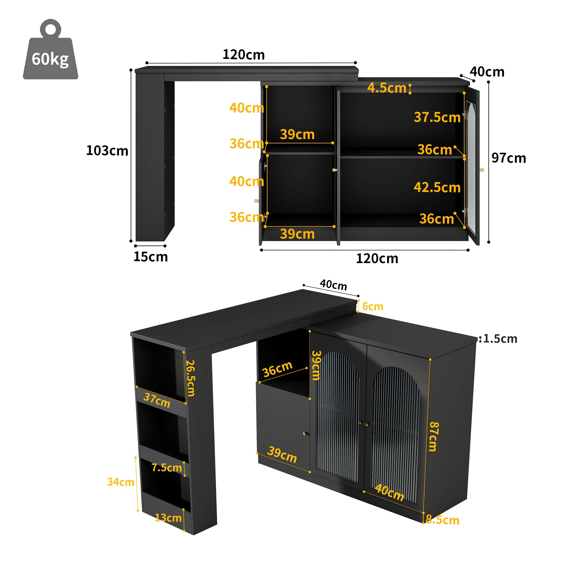 Bar Table, 360° Rotating Dining & Storage with Glass Door, Black