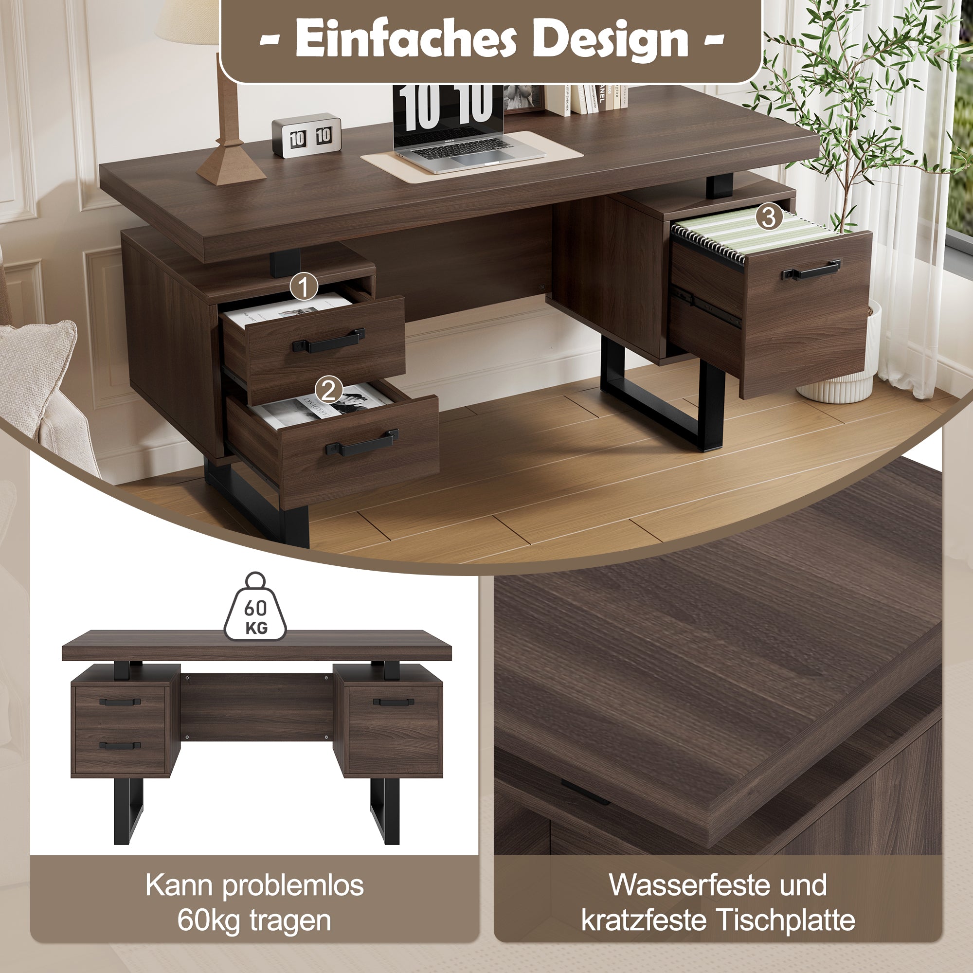 Simple Office Desk with Silent Drawer and File Drawer, 135 x 54 cm, Brown