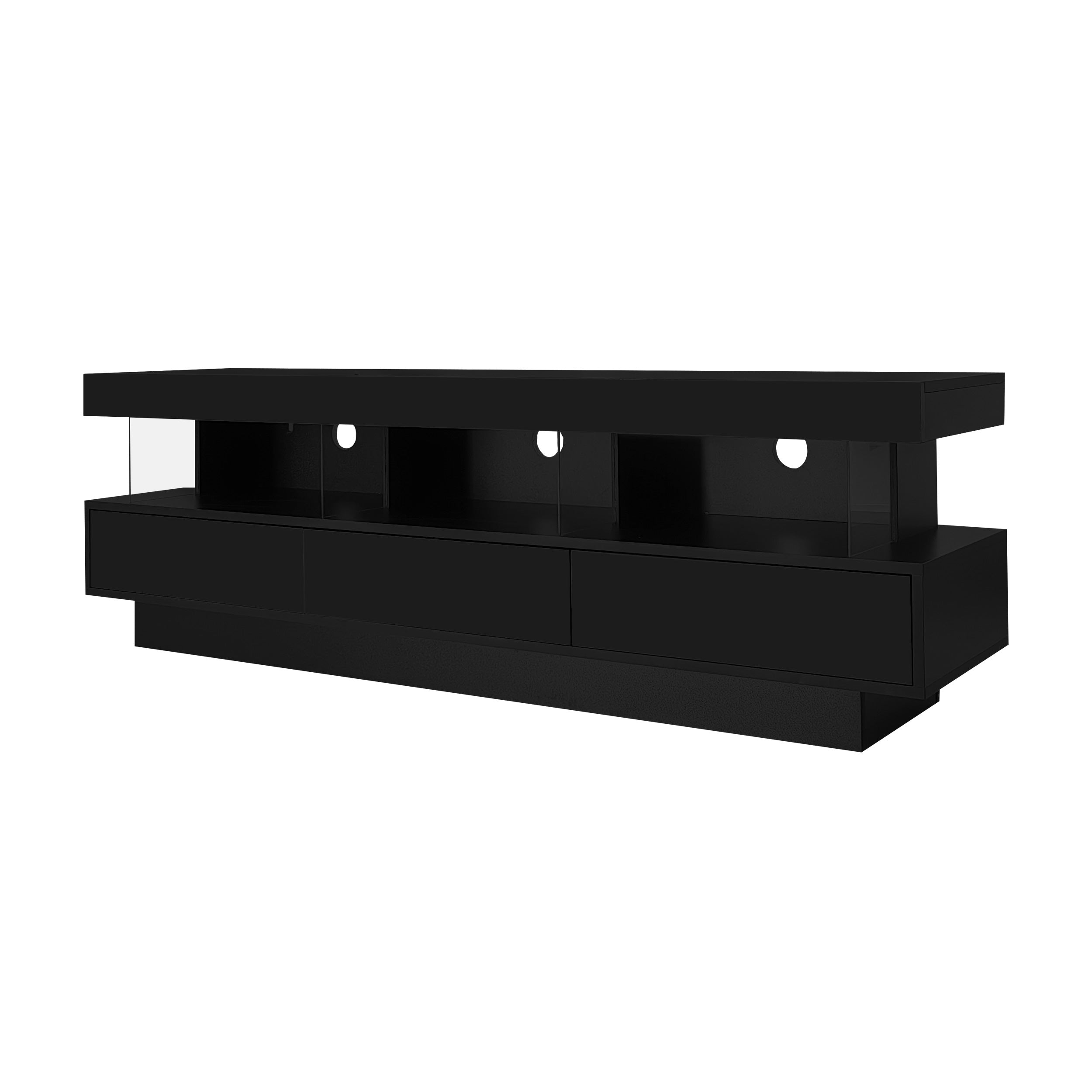 TV Stand, LED Lighting, App Control, Bluetooth Connectivity for 70-inch TVs, Black High Gloss Glass