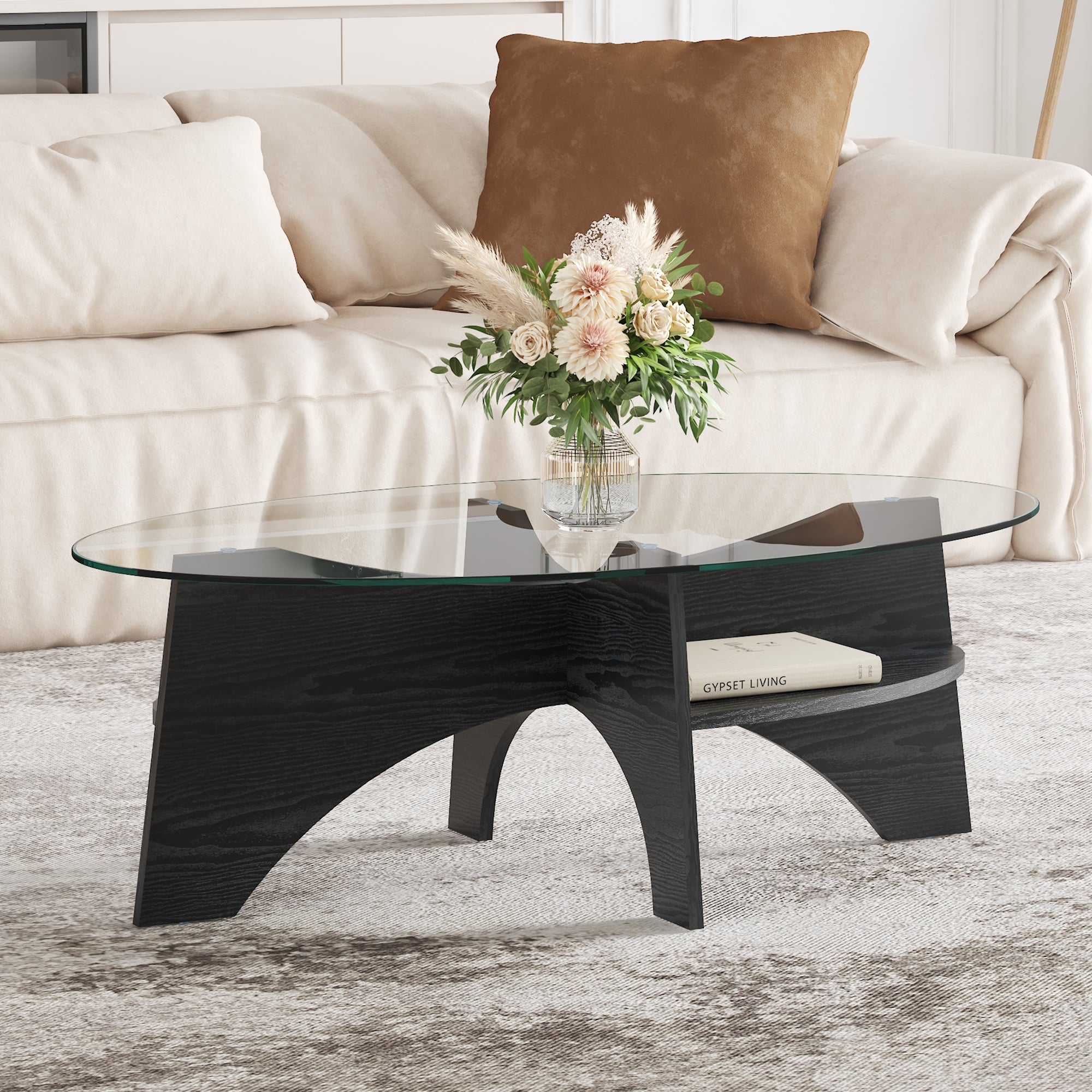Modern Oval Side Table Multifunctional Safety Glass 105x60cm Black Wood Look