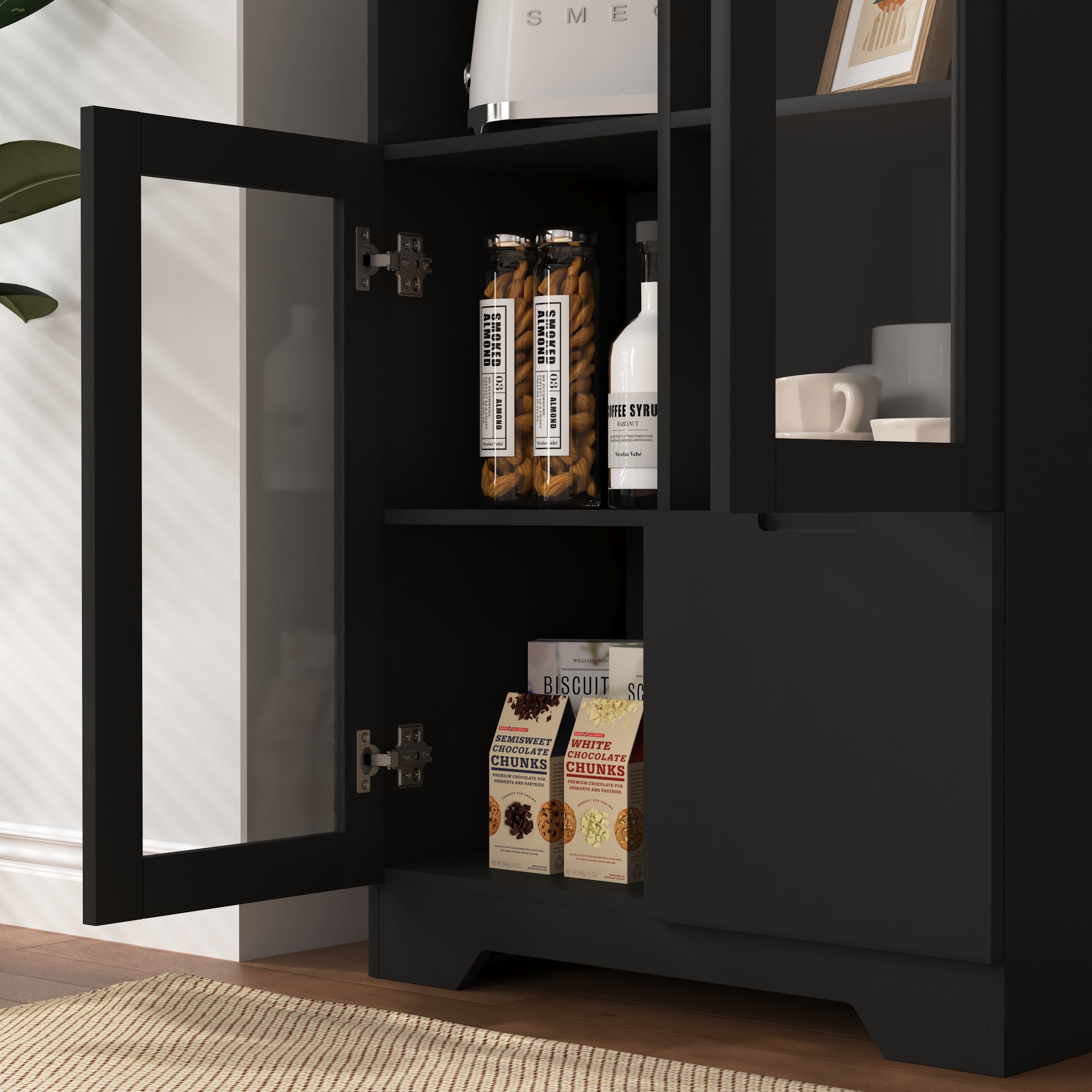 MDF Cabinet Glass Doors Drawer Open Storage - Black