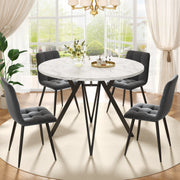 Dining Set 5-Piece Round 100cm Marble Top Black Metal Legs Grey Linen