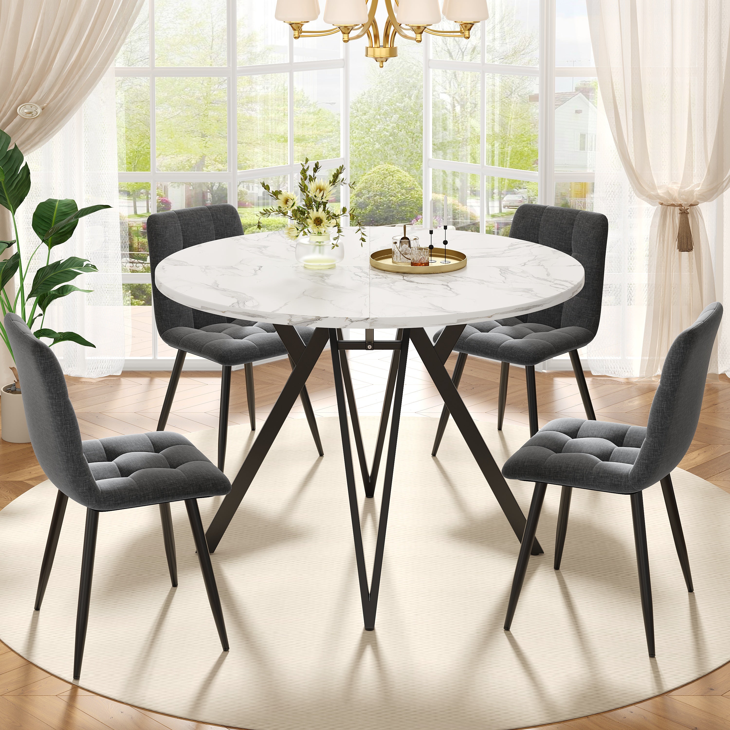 Dining Set 5-Piece Round 100cm Marble Top Black Metal Legs Grey Linen