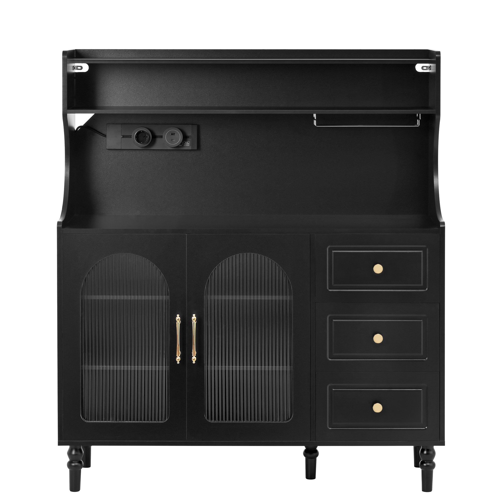 Tall Cabinet Bar Storage with Sockets, Wine Rack & Adjustable Shelves - Black
