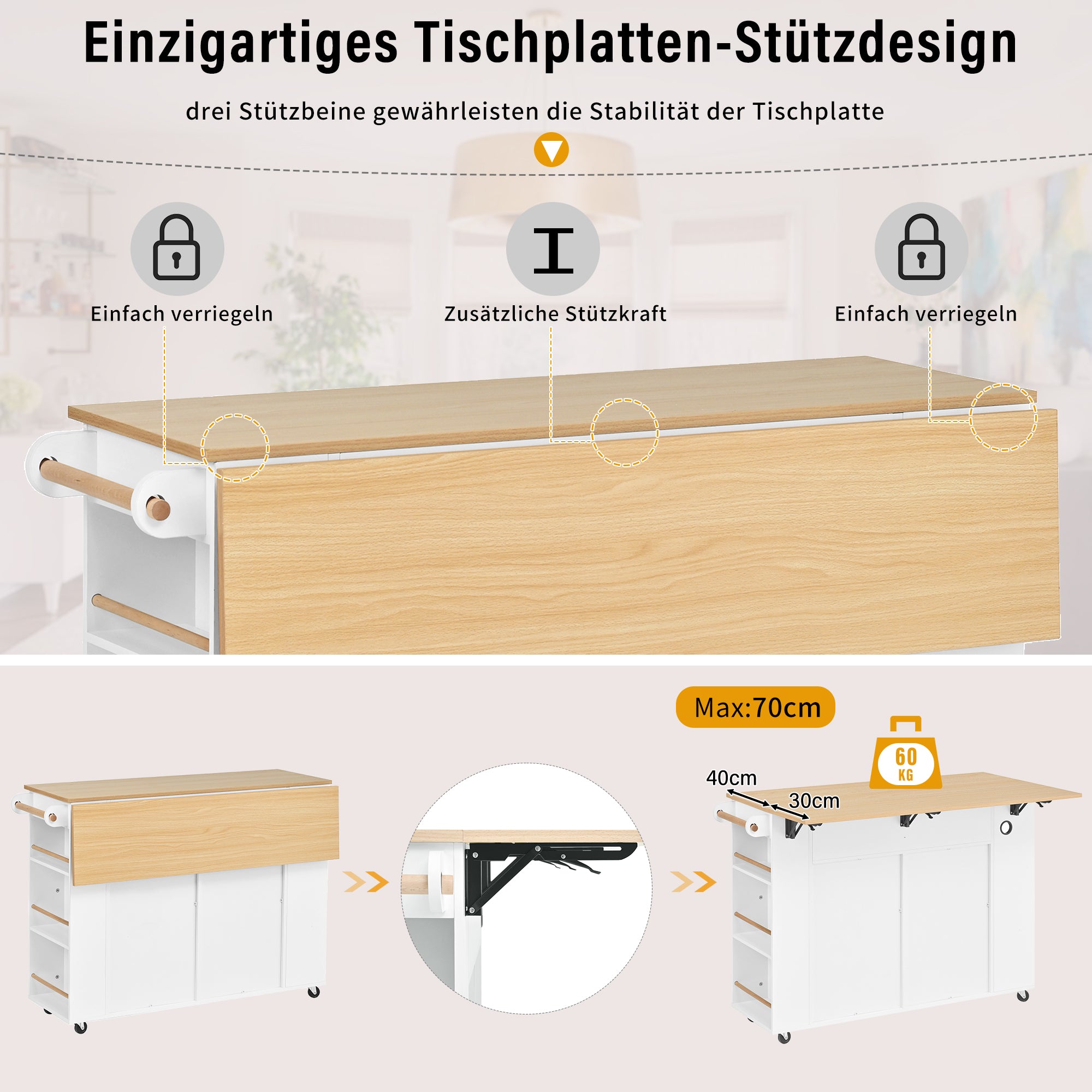 Kitchen Island Mobile Extendable Dining Table Waste Bin Towel Rack Power Strips - White