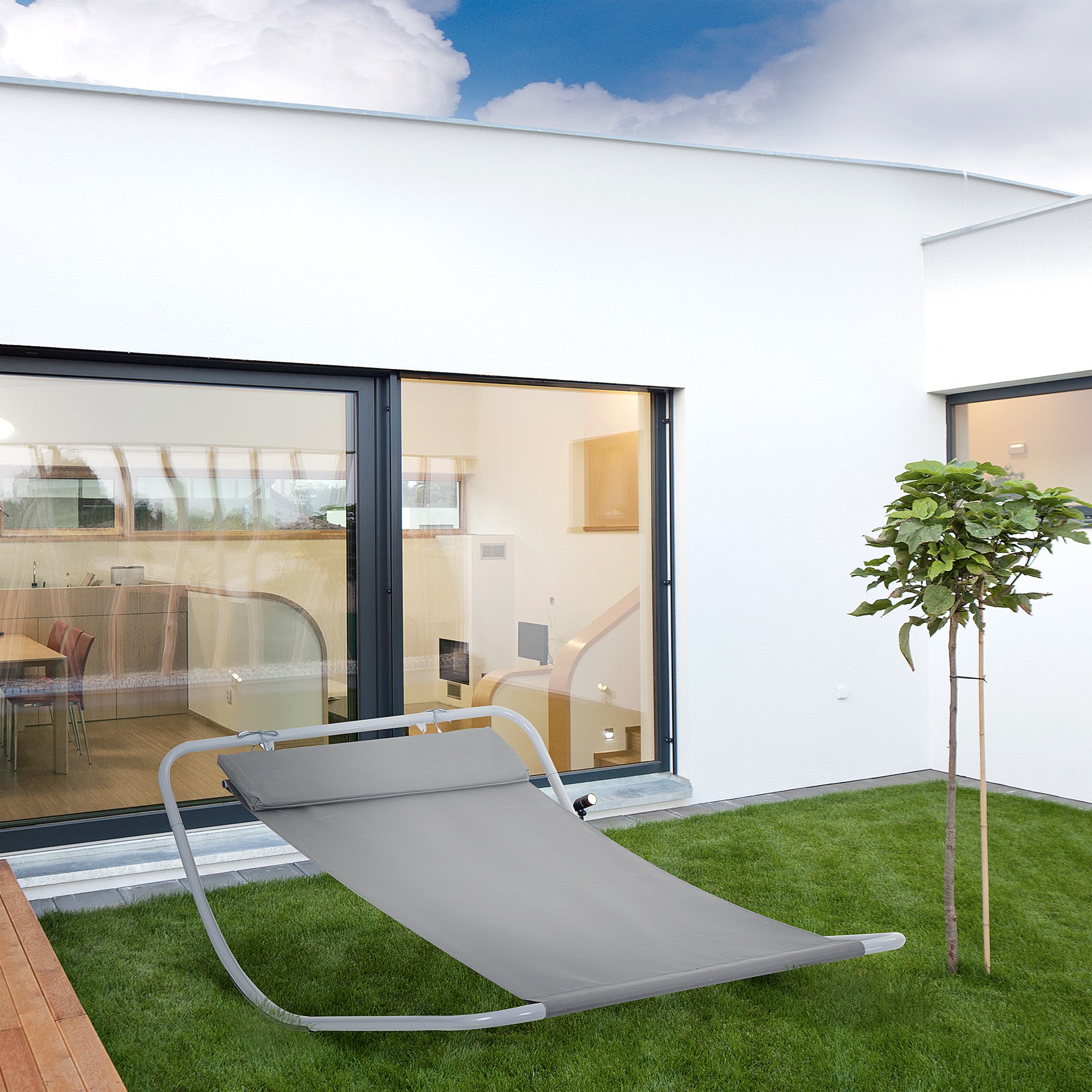 Rocking Sun Lounger, Single Outdoor Sunbed with Headrest Pillows and Metal Frame, Texteline Grey