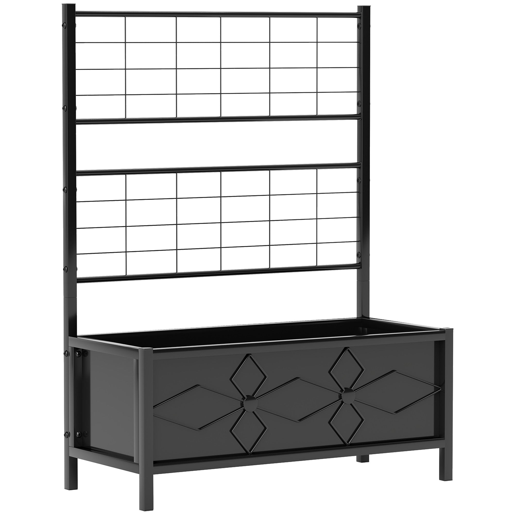 Raised Bed Planter with Trellis, Galvanised, Diamond Pattern, Black