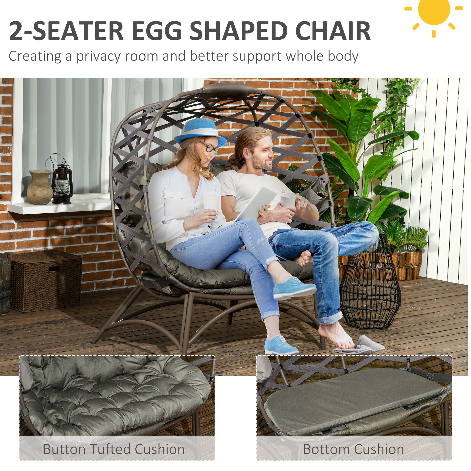 2 Seater Egg Chair Folding Weave Cushion Cup Pockets, Sand Brown