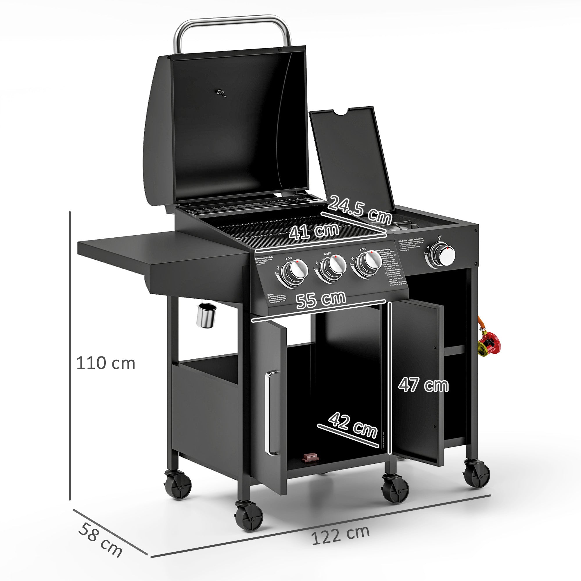 3+1 Burner Gas BBQ Grill, 9.5 kW with Storage Cabinet and 6 Castor Wheels, Black
