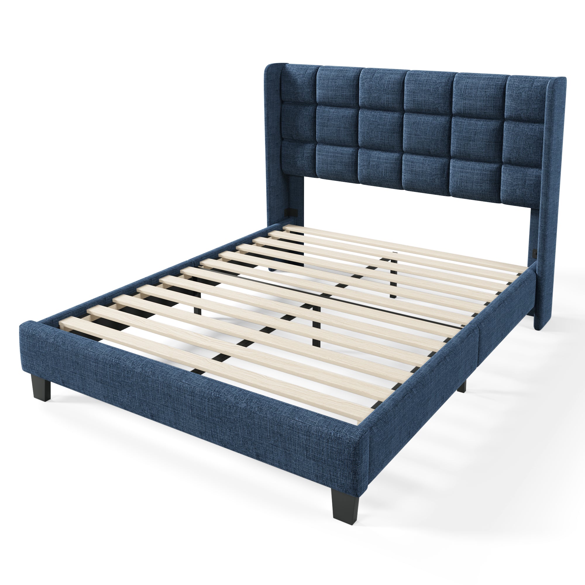 Upholstered Bed, Double with Slatted Frame, 140x200cm, Blue Linen
