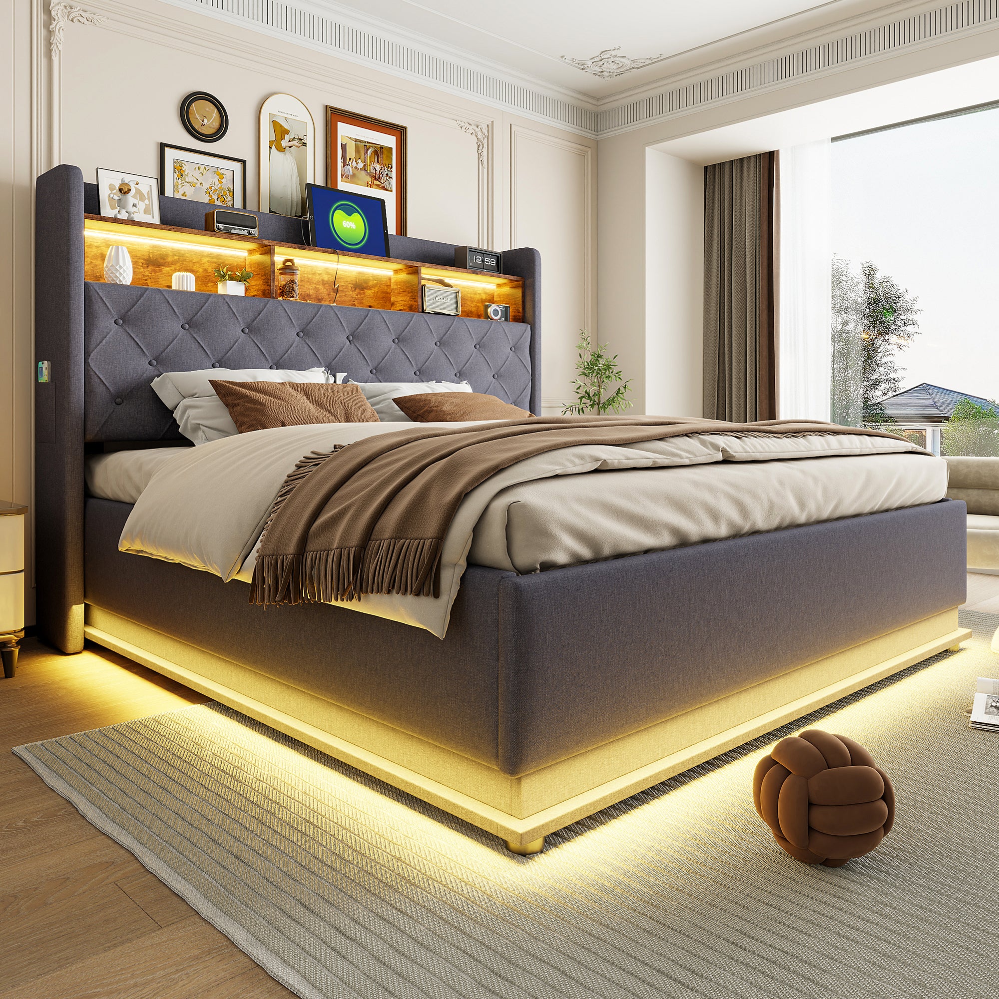 LED upholstered bed with USB and hydraulic storage, linen grey