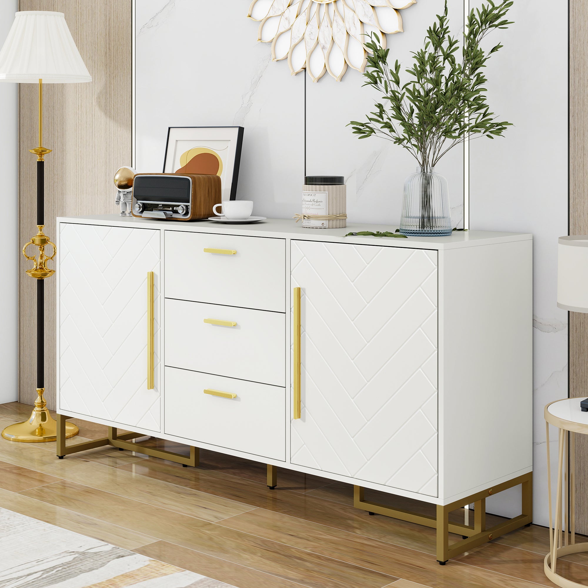 Sideboard Herringbone Pattern 2 Doors 3 Drawers - White