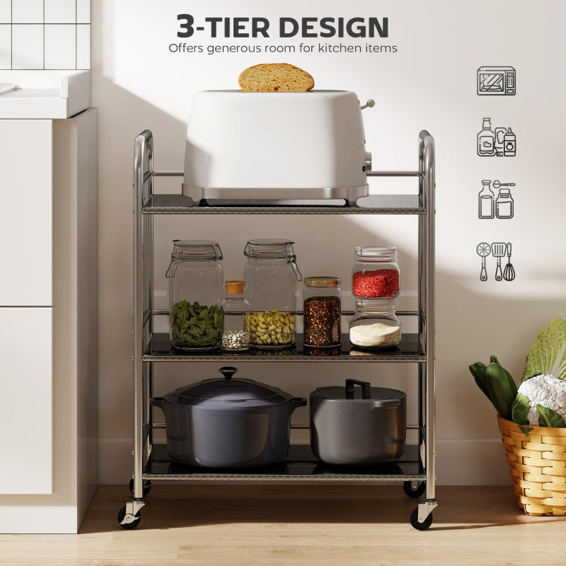 Kitchen Storage Trolley 3 Tier Adjustable Shelf Stainless Steel - Silver