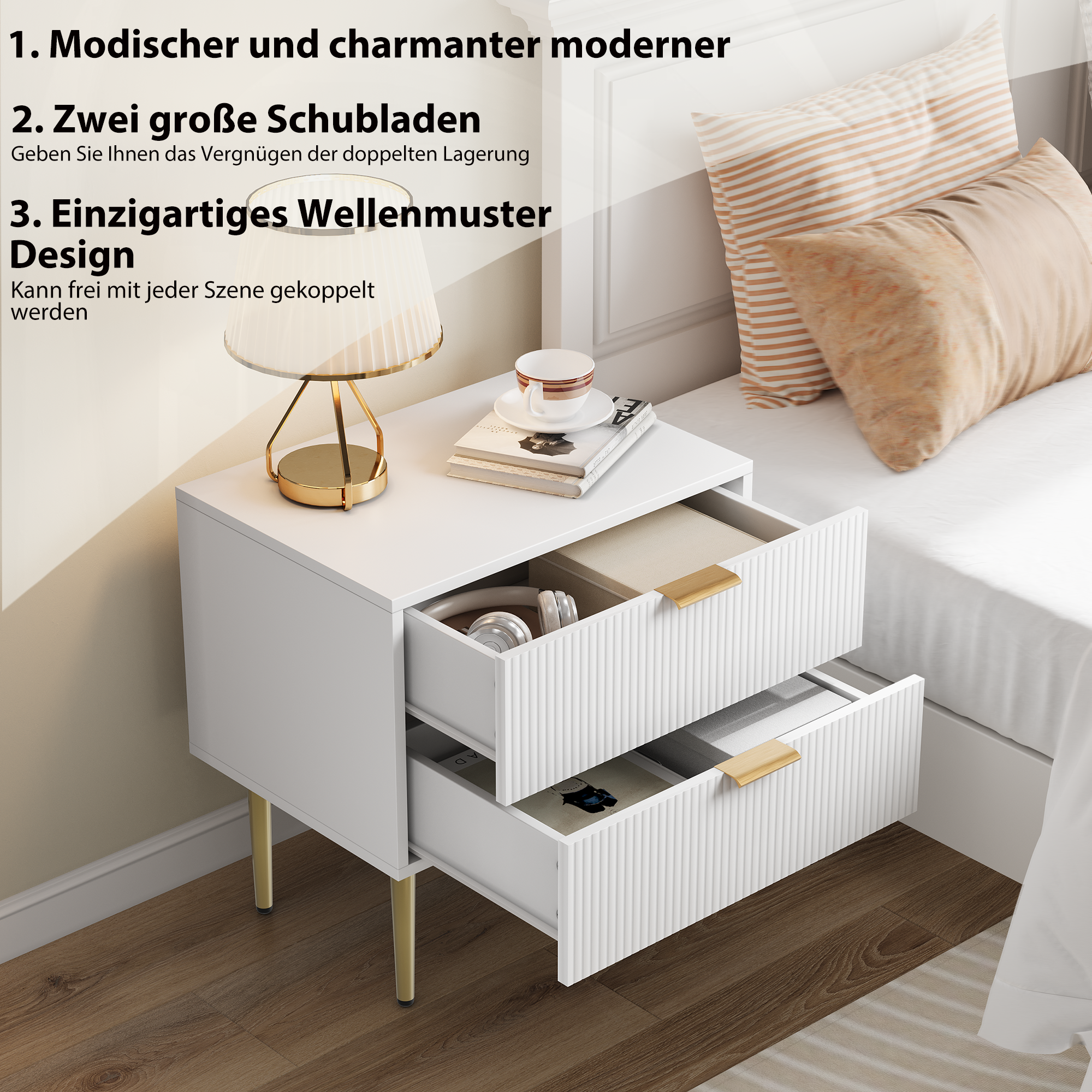 Bedside Table Wave Pattern 2 Drawers Metal Legs - White