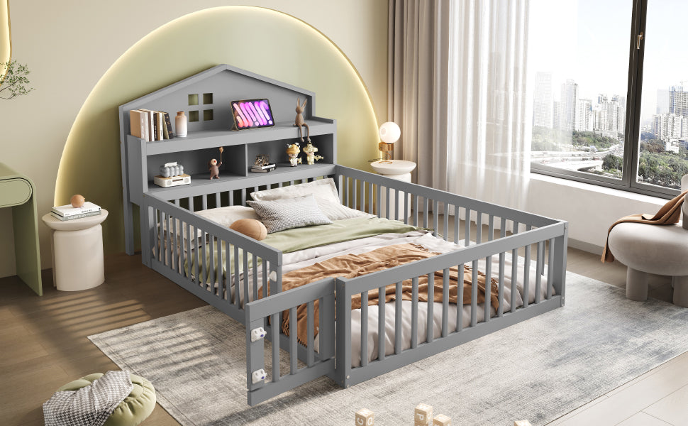 Children's Bed 140x200, House Frame with Shelves, Safety Gate & Slatted Frame, Grey Solid Wood