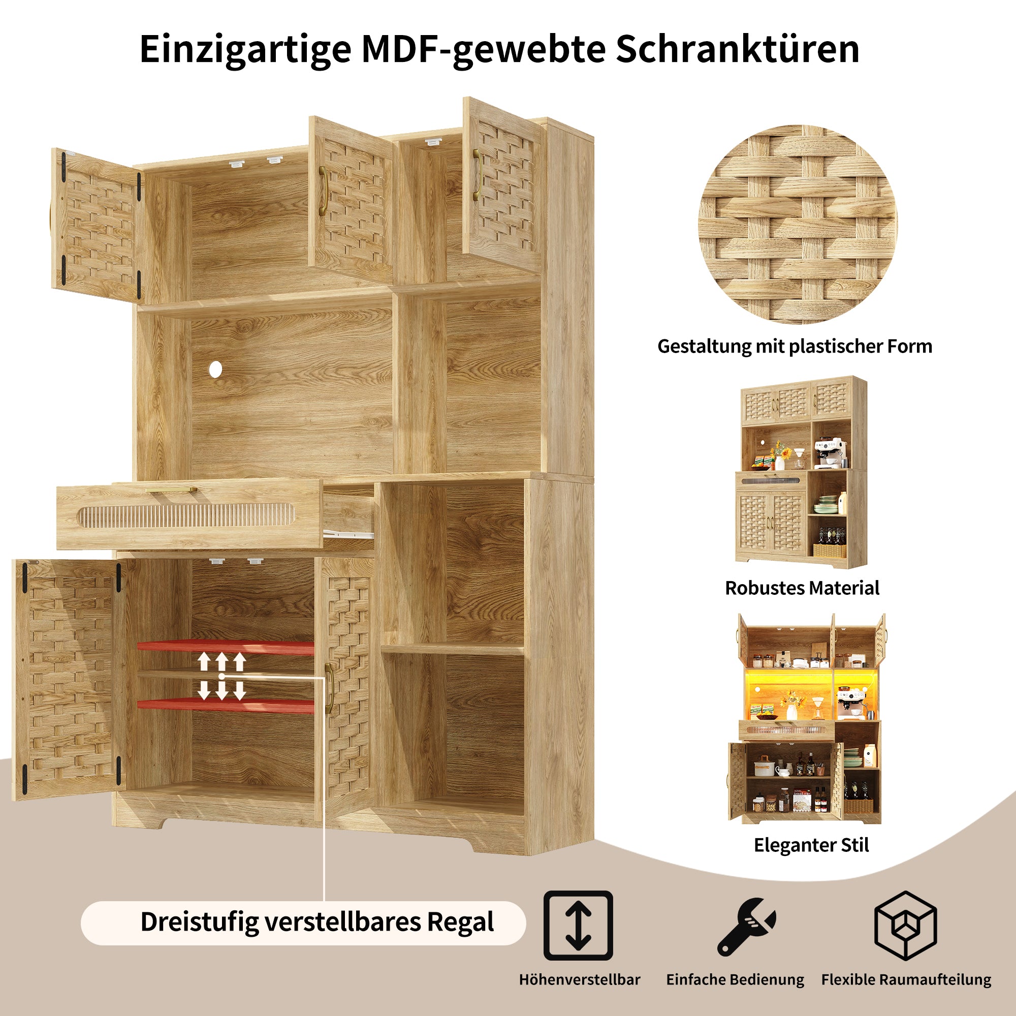 Tall Display Cabinet 120x40x180cm with LED Drawers Woven Doors - MDF