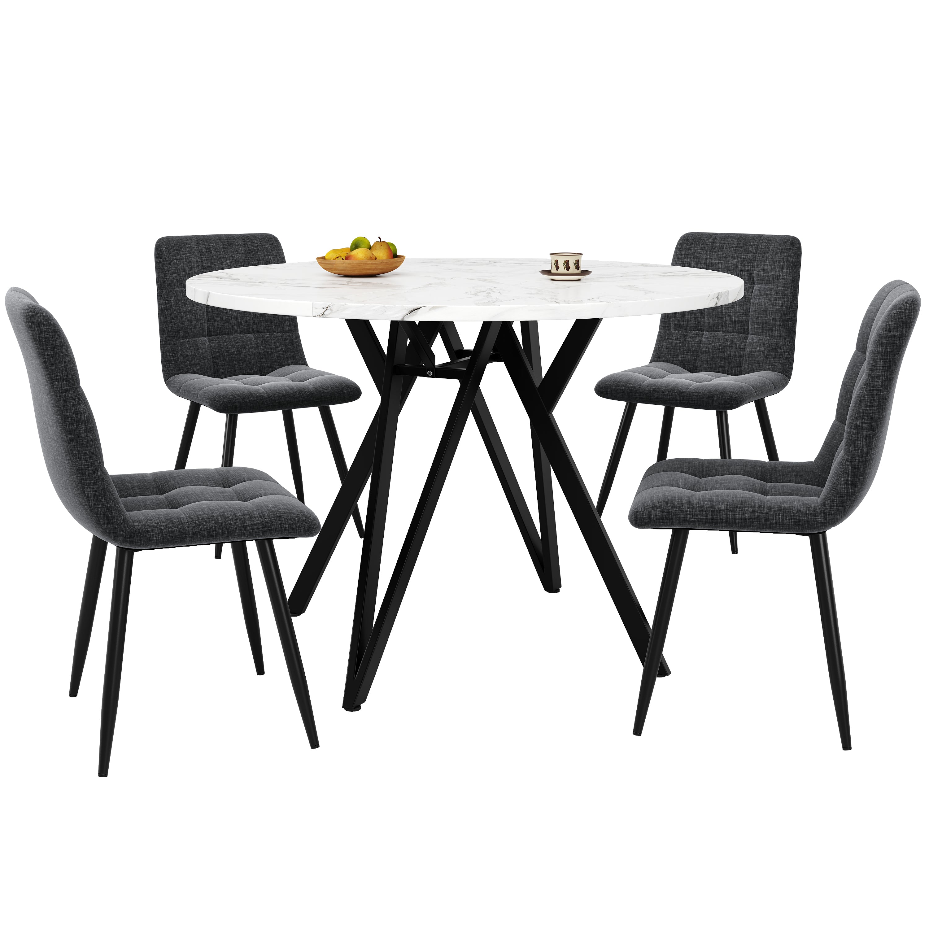 Dining Table Set, 5-Piece Round with 4 Chairs, Marble MDF & Gray Linen