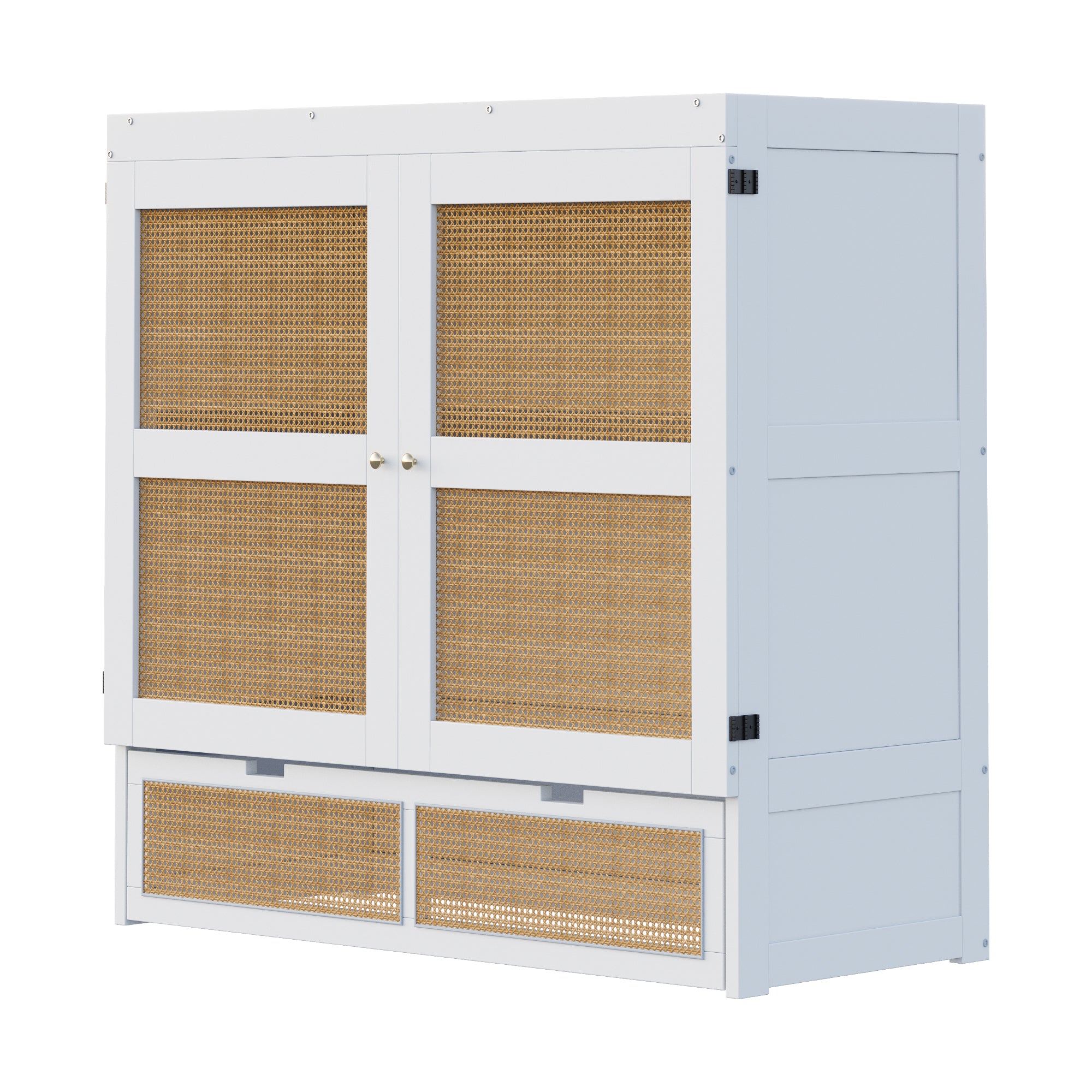 Wall Bed 140x200cm, Vertical with Slatted Frame & Storage Drawers, Rattan Design White